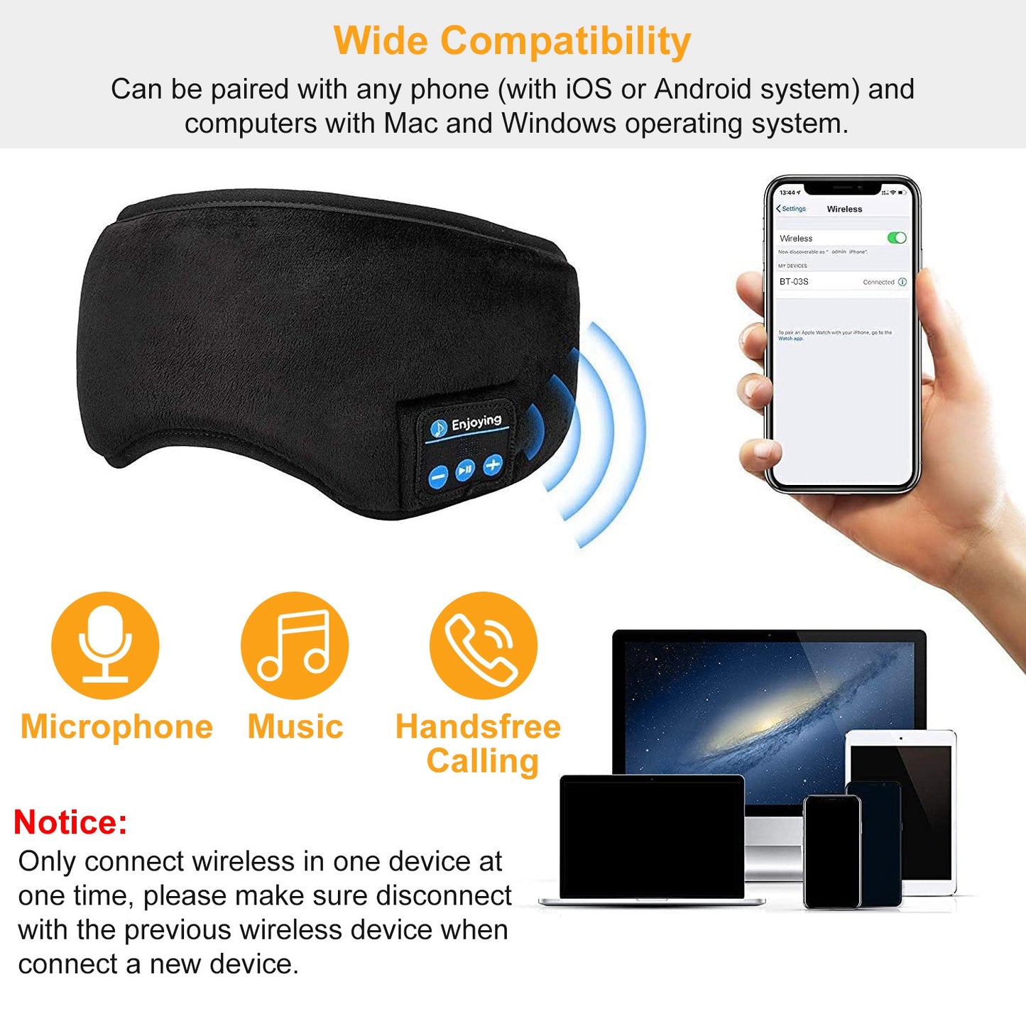 LJGelectro - Sleep Eye Mask Wireless Headphones Adjustable Hands-free Skin Friendly Cotton Mask Headsets w/ Speakers Microphone Washable For Insomnia Travel