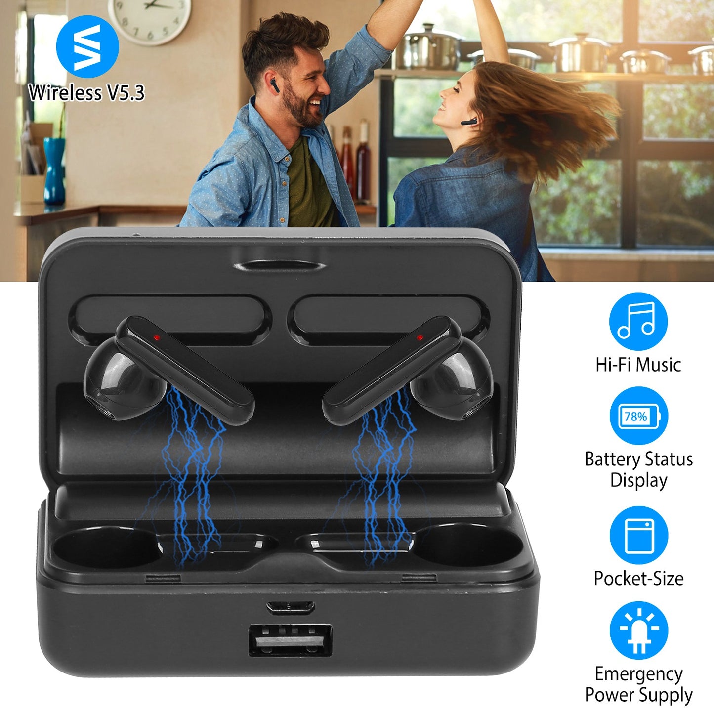 LJGelectro - 5.3 TWS Wireless Earbuds Touch Control Headphone in-Ear Earphone Headset w/ Charging Case Built-in Mic