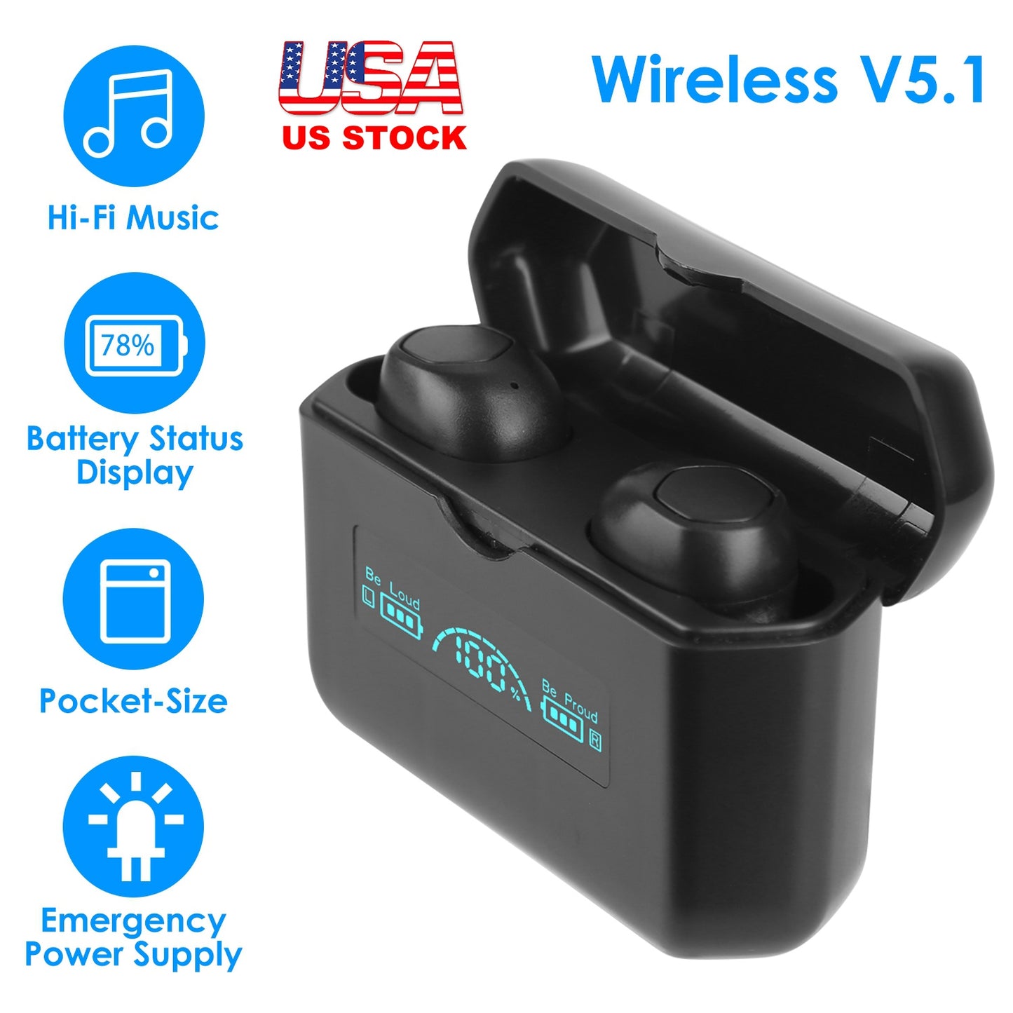 LJGelectro - 5.1 TWS Wireless Earbuds Headphone in-Ear Earphone Headset w/ Charging Case IPX4 Waterproof Power Bank