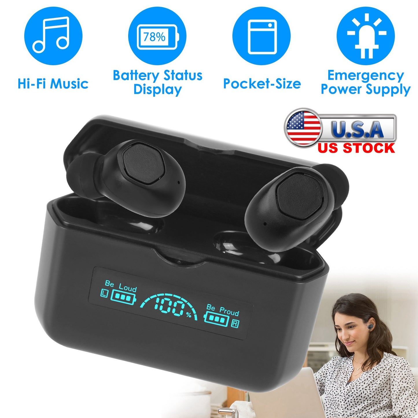LJGelectro - 5.1 TWS Wireless Earbuds Headphone in-Ear Earphone Headset w/ Charging Case IPX4 Waterproof Power Bank
