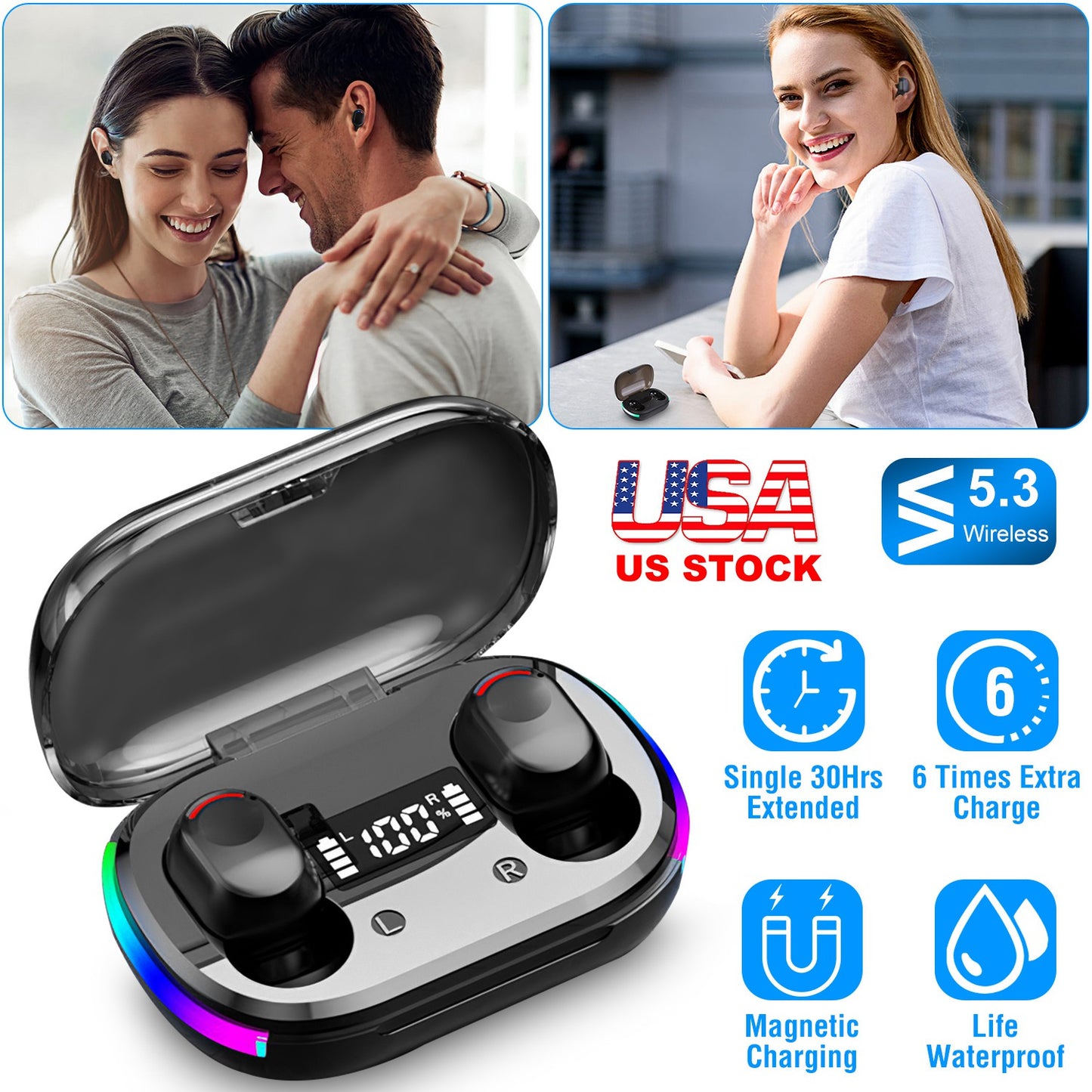 LJGelectro - Wireless V5.3 TWS Earbuds In-Ear Stereo Headset Earphone Earpiece with Microphone Magnetic Charging Dock for Driving Working Traveling