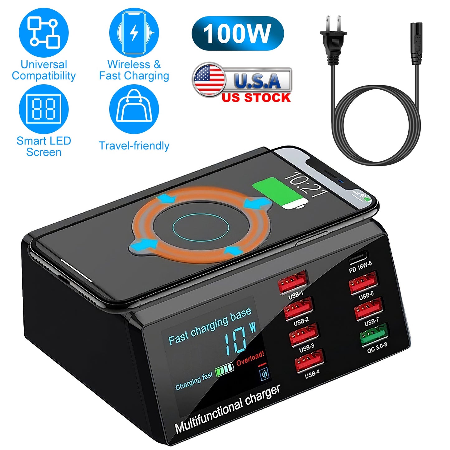 LJGelectro - 100W USB Charger Hub 8-Port USB Charging Station with LCD Display Wireless Charging Pad Wireless Fast Charger PD20W Port QC3.0 Port 6 USB Ports for IO