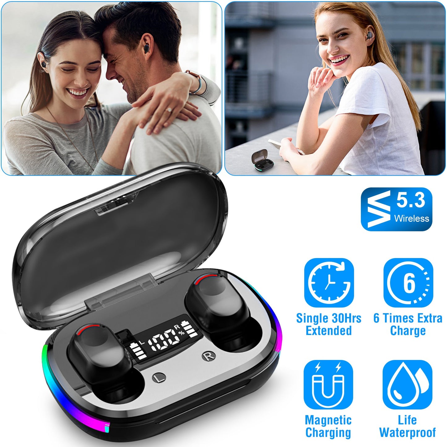 LJGelectro - Wireless V5.3 TWS Earbuds In-Ear Stereo Headset Earphone Earpiece with Microphone Magnetic Charging Dock for Driving Working Traveling