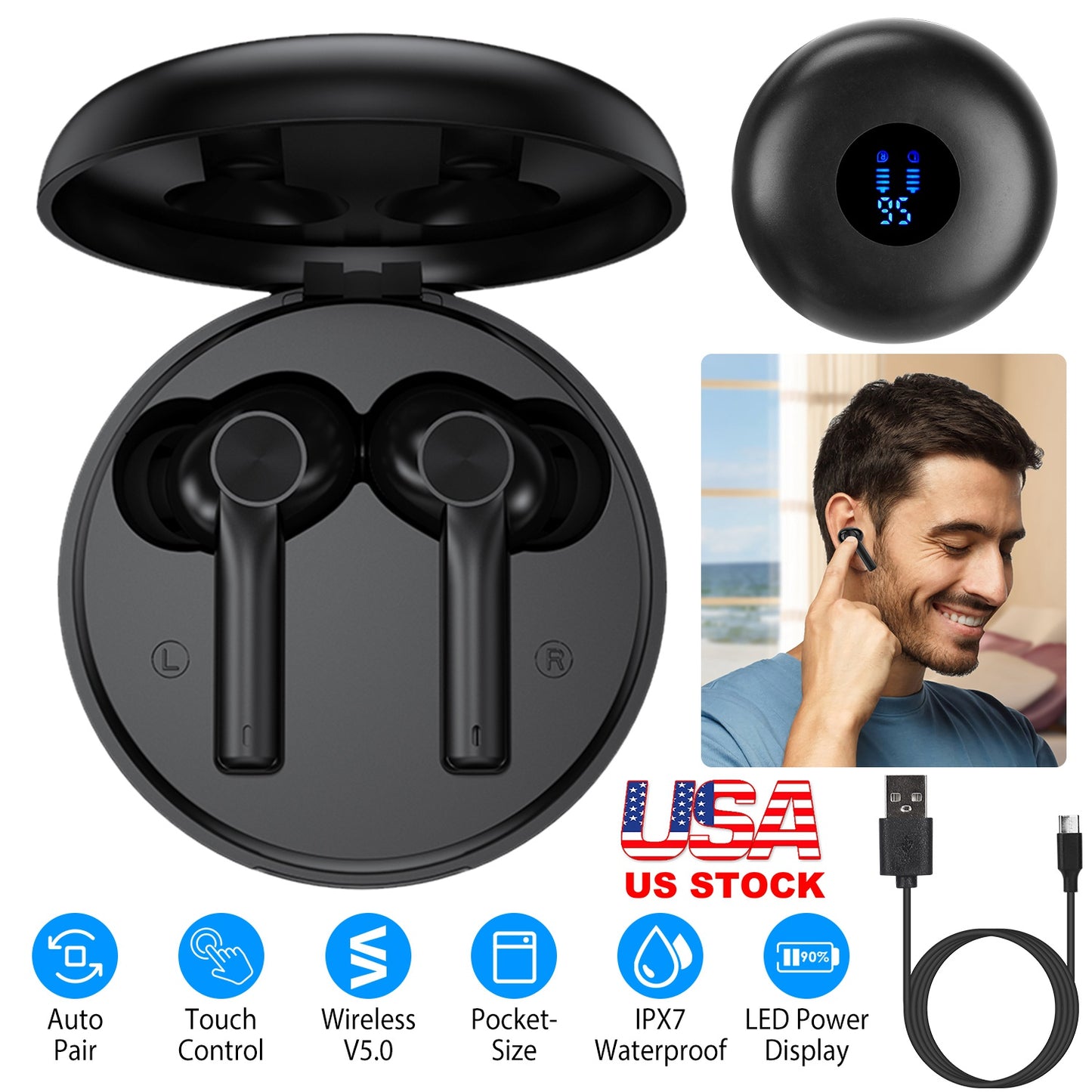 LJGelectro - 5.0 TWS Wireless Earbuds with CVC6.0 Noise Canceling LED Screen Touch Control Headphone in-Ear Earphone Headset with Charging Case Built-in Mic