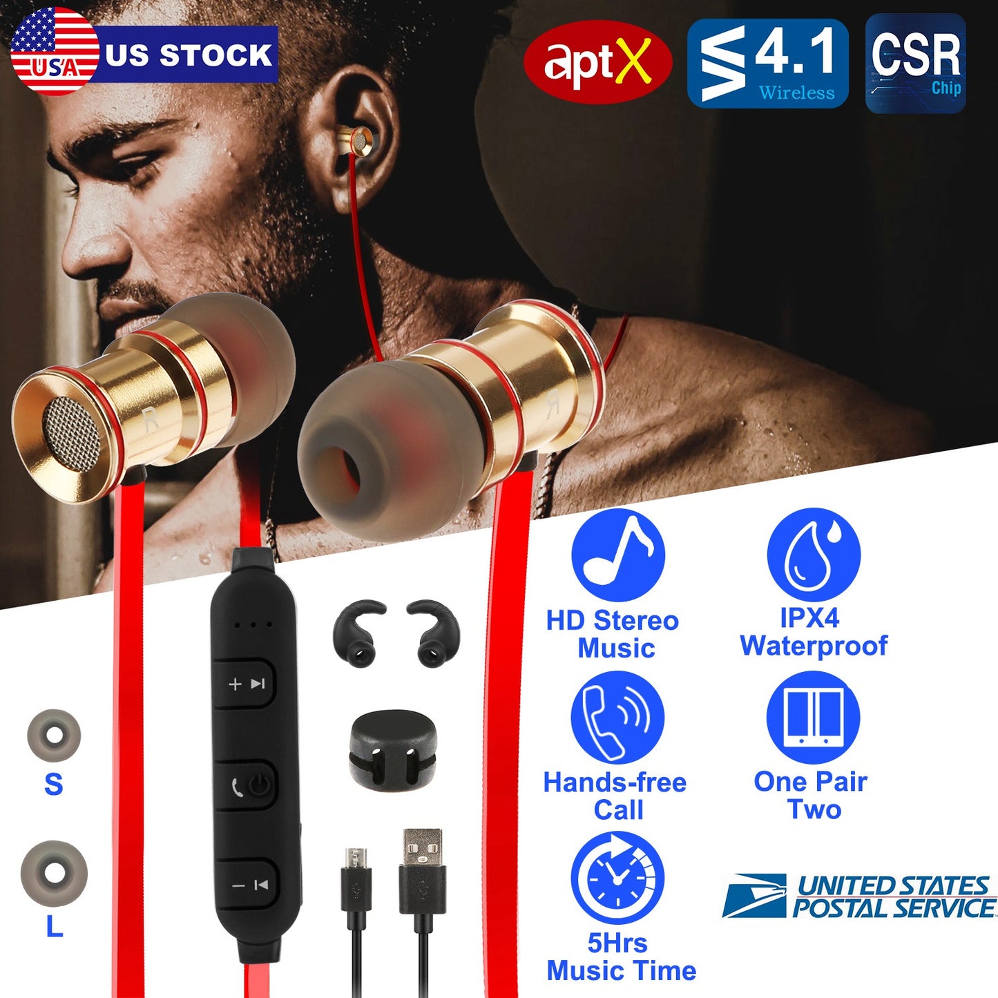 LJGelectro - Sport Headsets Wireless V4.1 In-Ear Stereo Headphones Sweat-proof Running Earphones w/Mic Hands-free