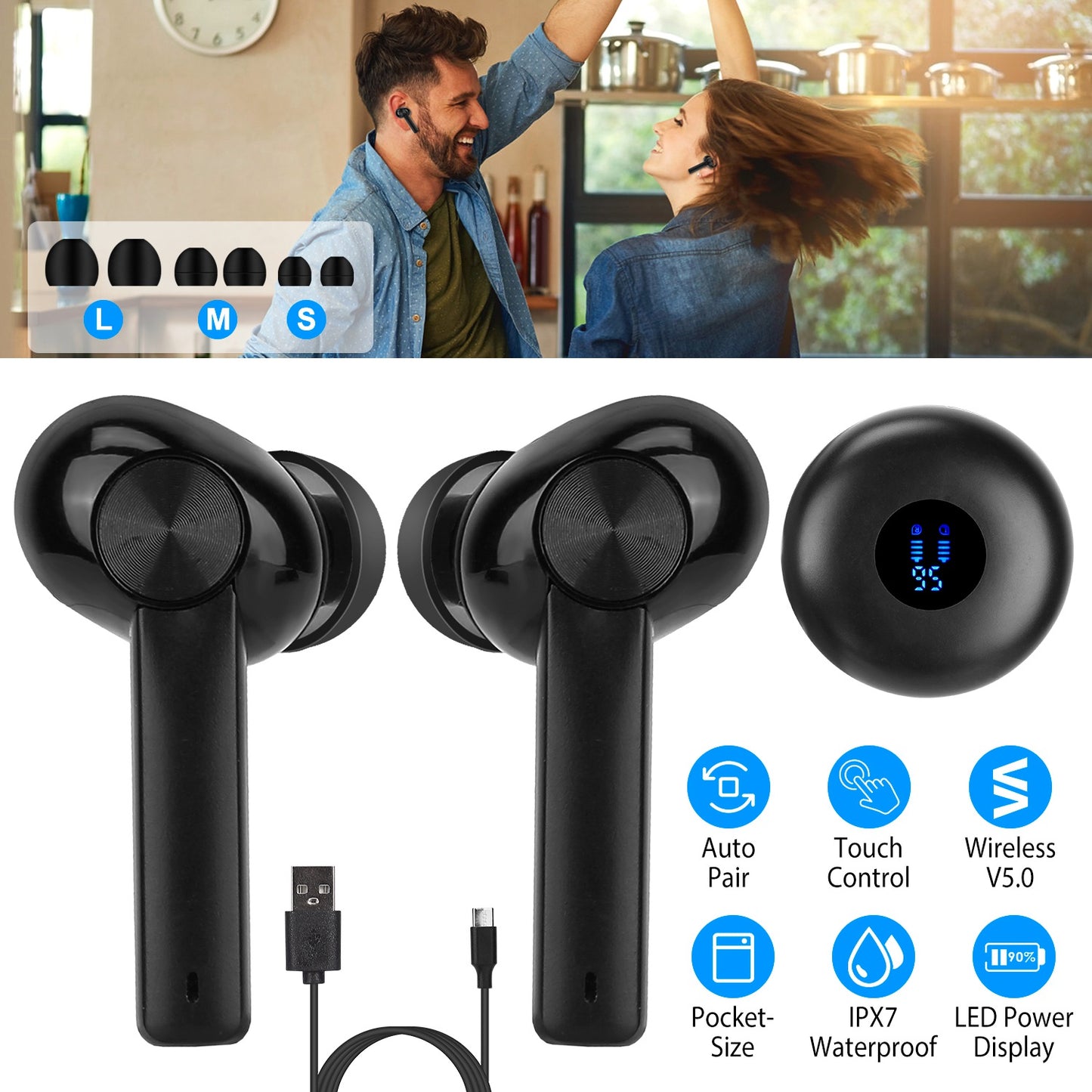 LJGelectro - 5.0 TWS Wireless Earbuds with CVC6.0 Noise Canceling LED Screen Touch Control Headphone in-Ear Earphone Headset with Charging Case Built-in Mic