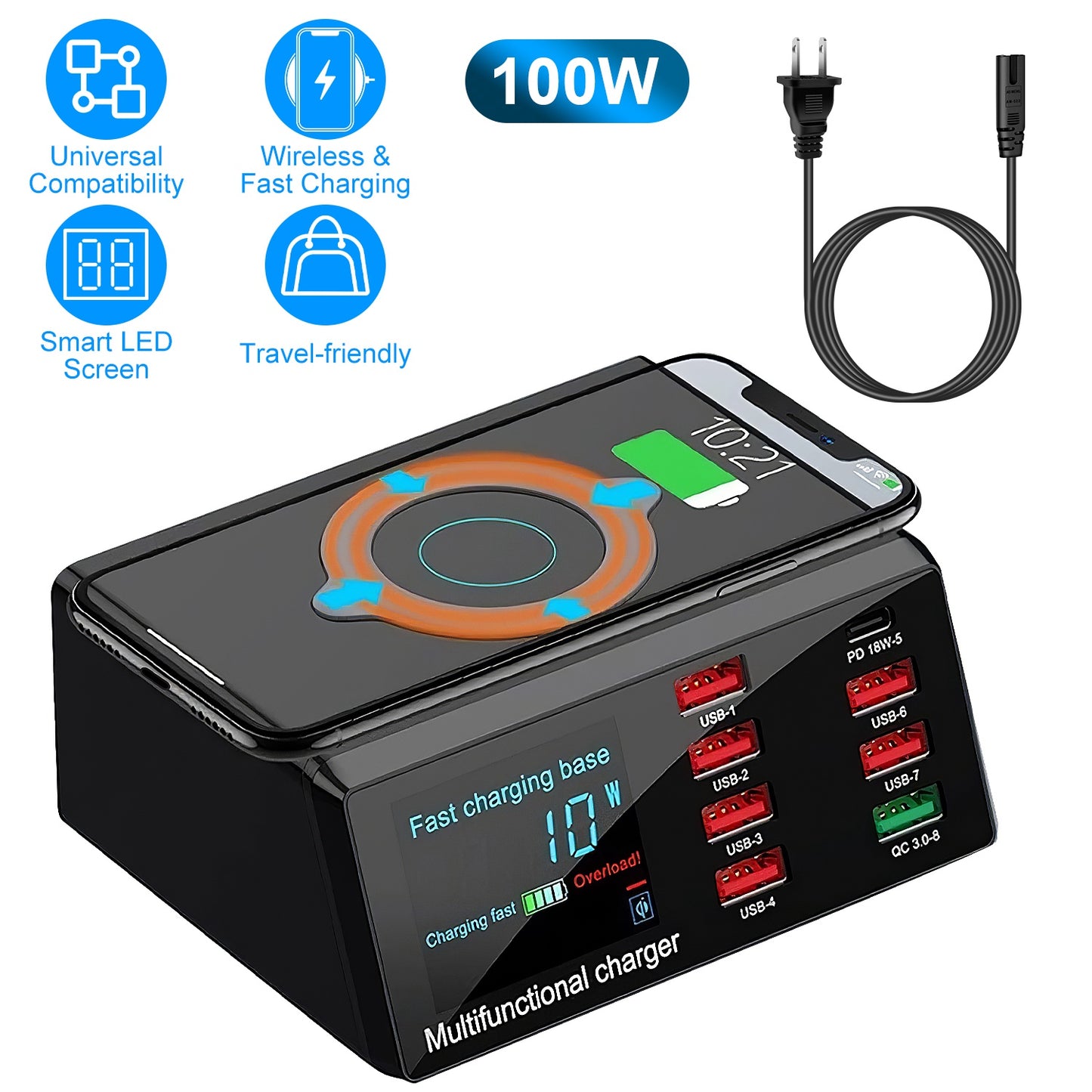 LJGelectro - 100W USB Charger Hub 8-Port USB Charging Station with LCD Display Wireless Charging Pad Wireless Fast Charger PD20W Port QC3.0 Port 6 USB Ports for IO