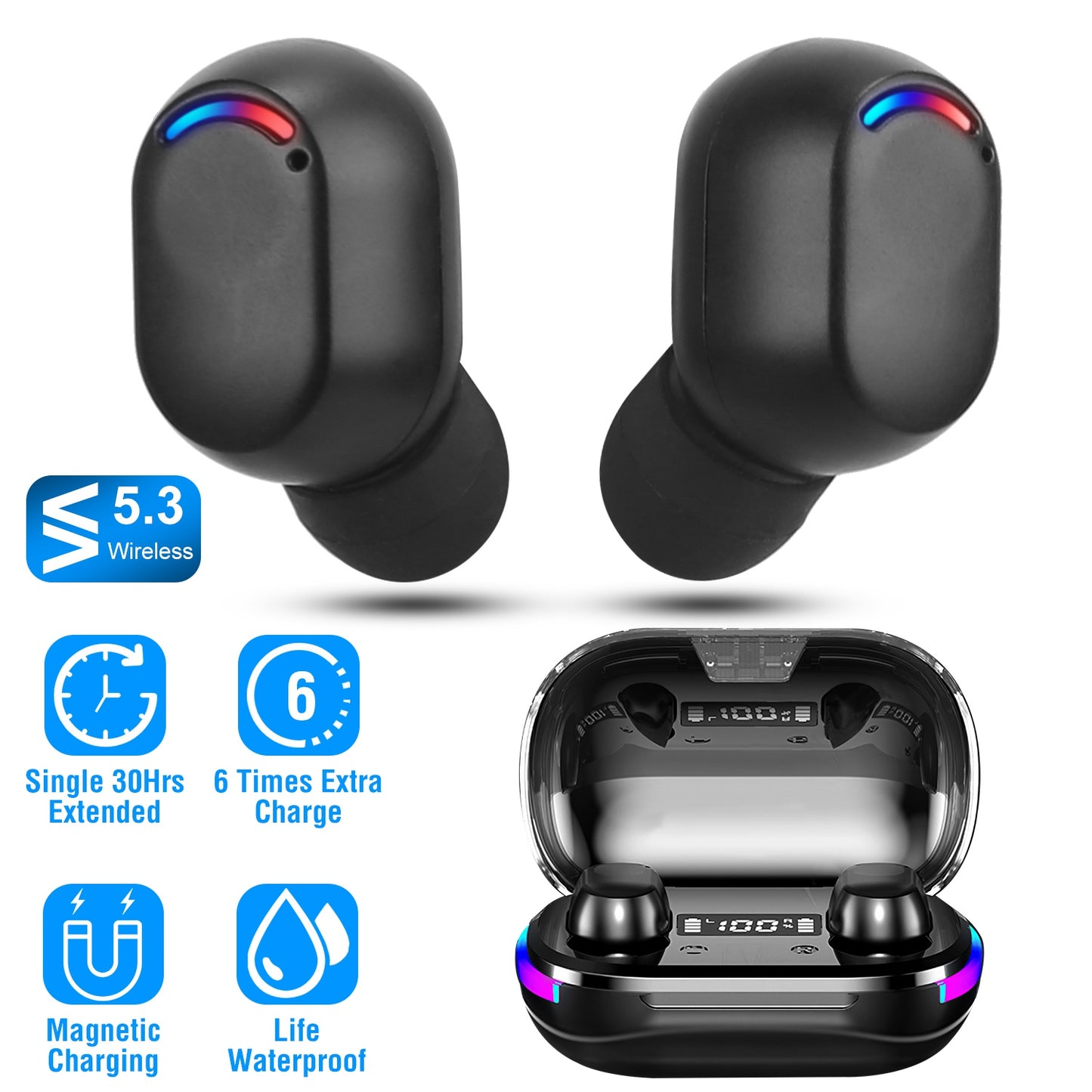 LJGelectro - Wireless V5.3 TWS Earbuds In-Ear Stereo Headset Earphone Earpiece with Microphone Magnetic Charging Dock for Driving Working Traveling
