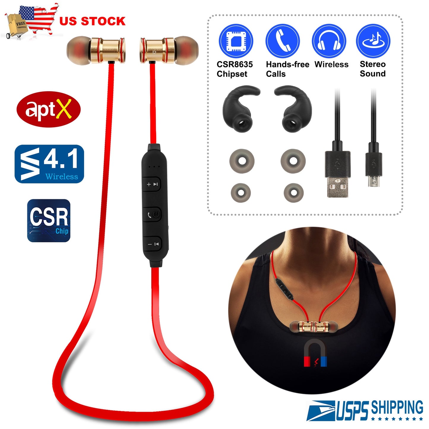 LJGelectro - Sport Headsets Wireless V4.1 In-Ear Stereo Headphones Sweat-proof Running Earphones w/Mic Hands-free