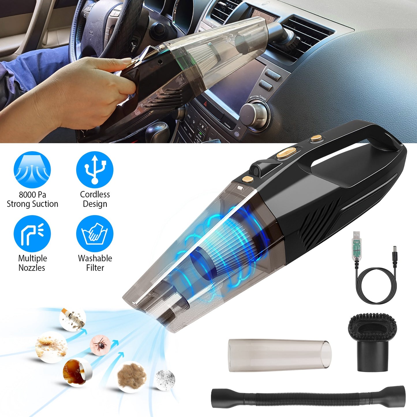 LJGelectro - Handheld Cordless Car Vacuum Cleaner 120W 8000PA DC 12V Car Auto Home Duster Wet Dry Powerful Suction with Accessory Kit