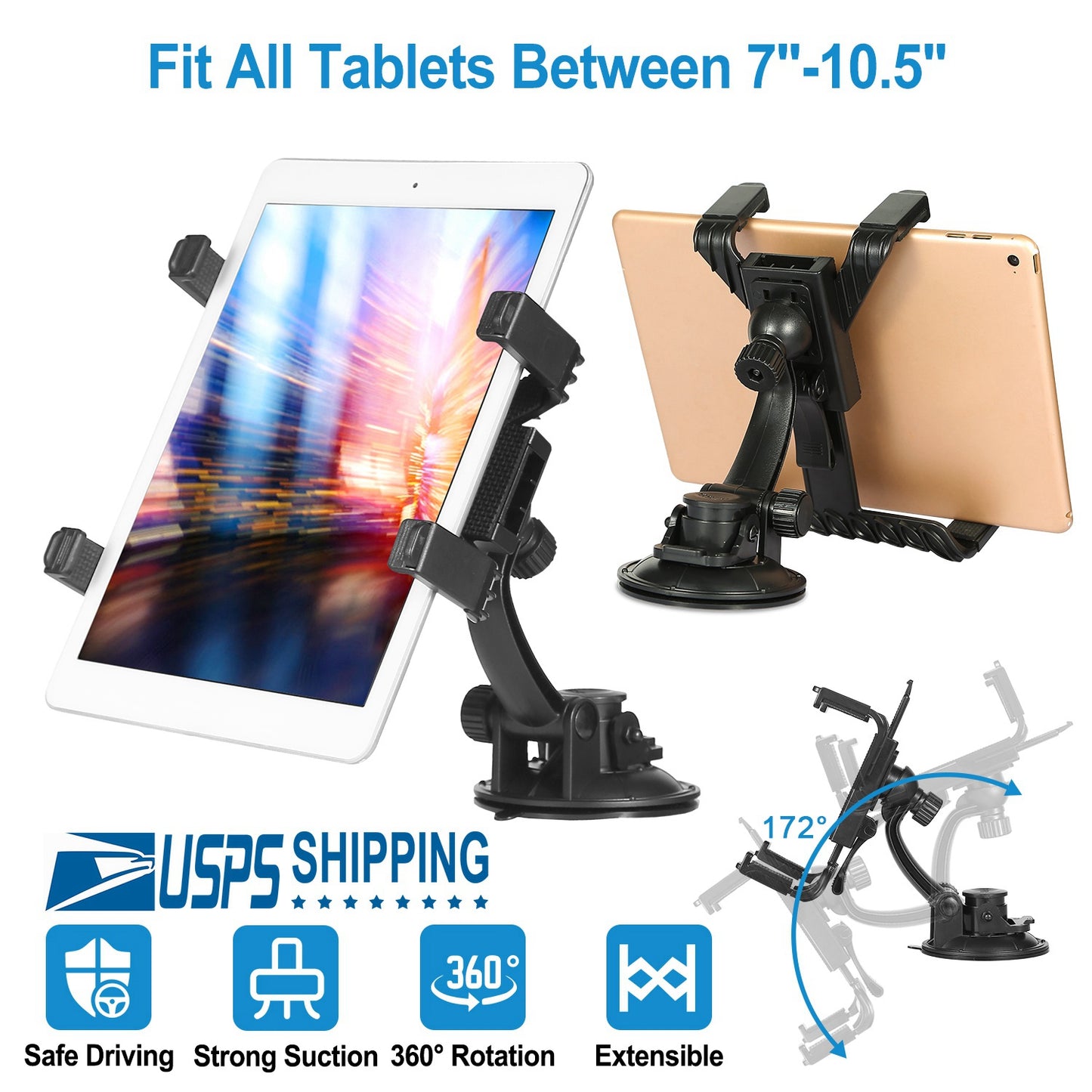 LJGelectro - 360° Car Windshield Tablet Mount Holder Dashboard Tablet Stand For 7-10.5" Tablet GPS