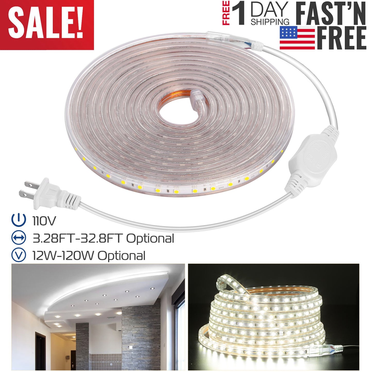 LJGelectro - 32.8ft/10m LED Strip Light 110V IP65 Waterproof 2500LM Dimmable Rope Light SMD 5050 6000K Cold White Warm