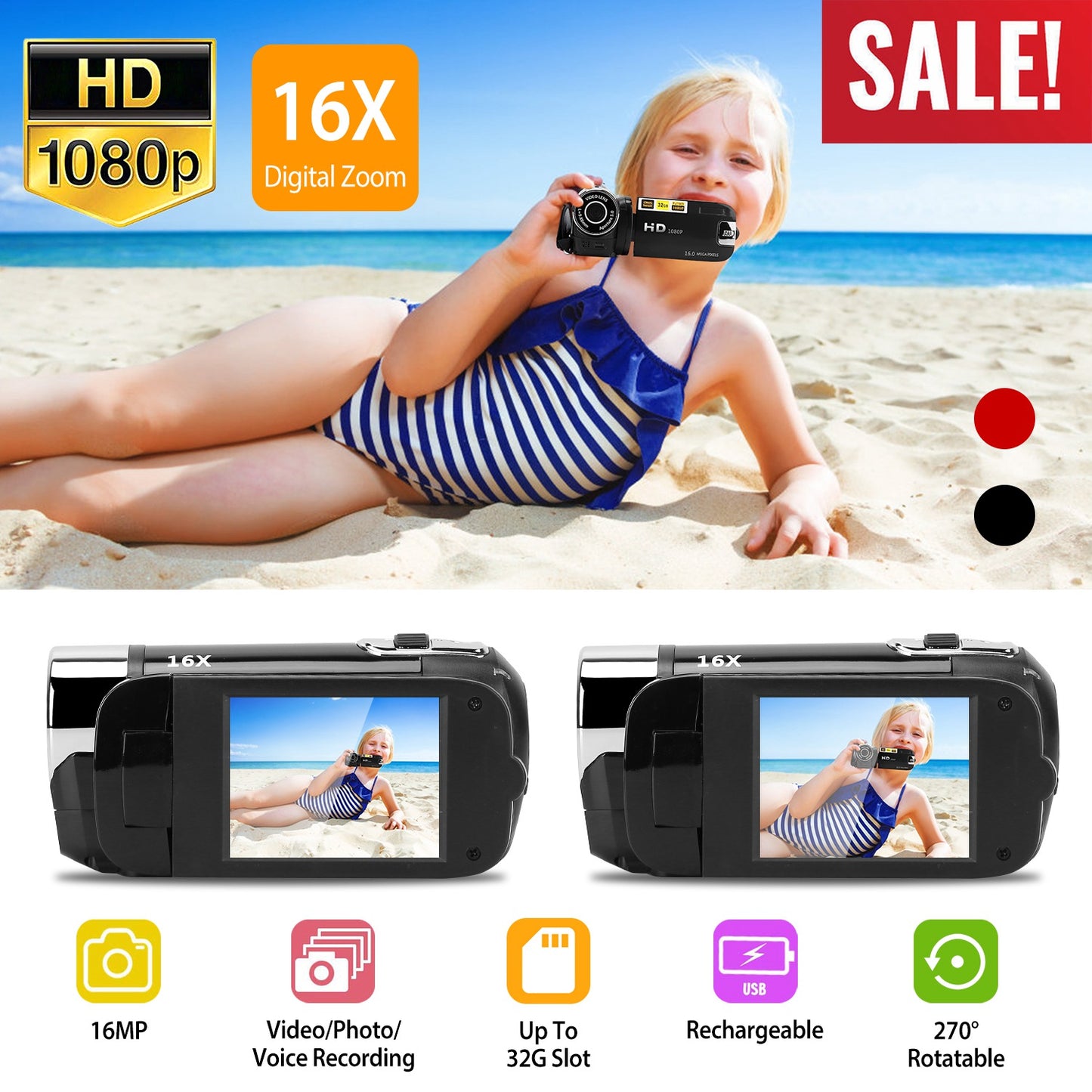 LJGelectro - HD 1080P Digital Video Camcorder 2.7in 16X Zoom DV Camera 270° Rotation Rechargeable Kid Camera w/Fill Light Selfie