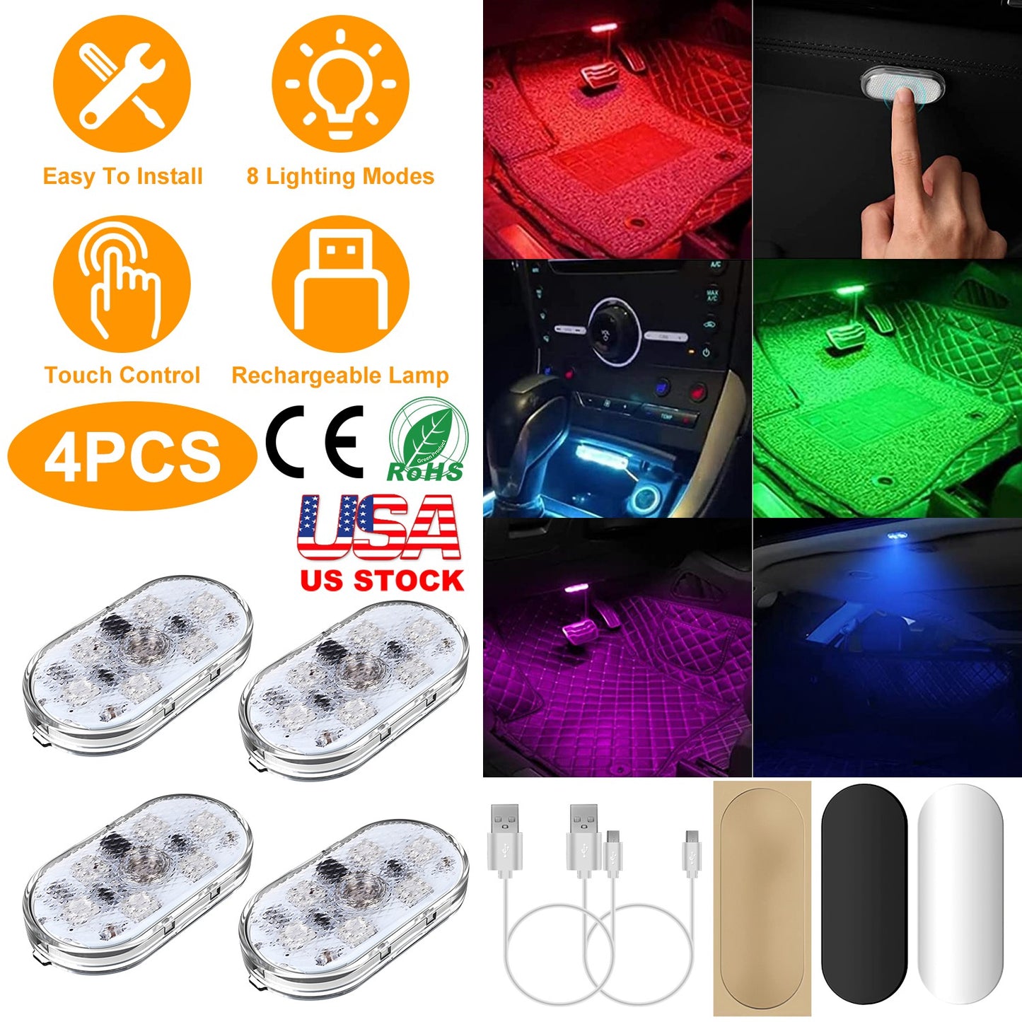 LJGelectro - 4Pcs Cordless Car Interior Light USB Rechargeable Magnetic Atmosphere Light 8 Lighting Mode Ambient Night Lamp