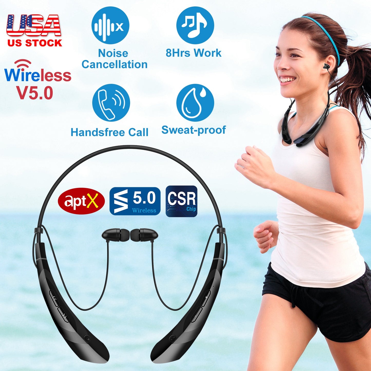 LJGelectro - Wireless Neckband Headphones V5.0 Sweat-proof Sport Headsets Earbuds In-Ear Magnetic Neckbands Stereo Earphone Deep Bass Earphone w/Mic