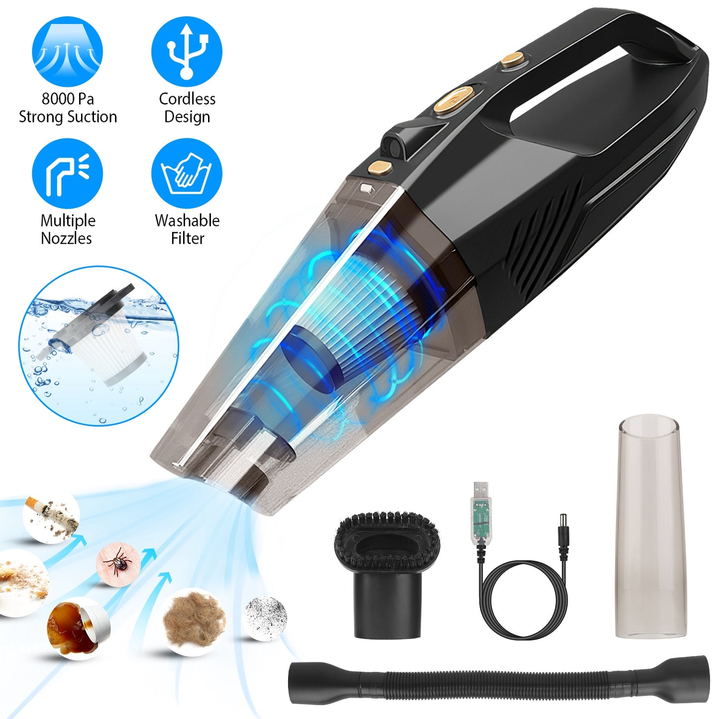 LJGelectro - Handheld Cordless Car Vacuum Cleaner 120W 8000PA DC 12V Car Auto Home Duster Wet Dry Powerful Suction with Accessory Kit