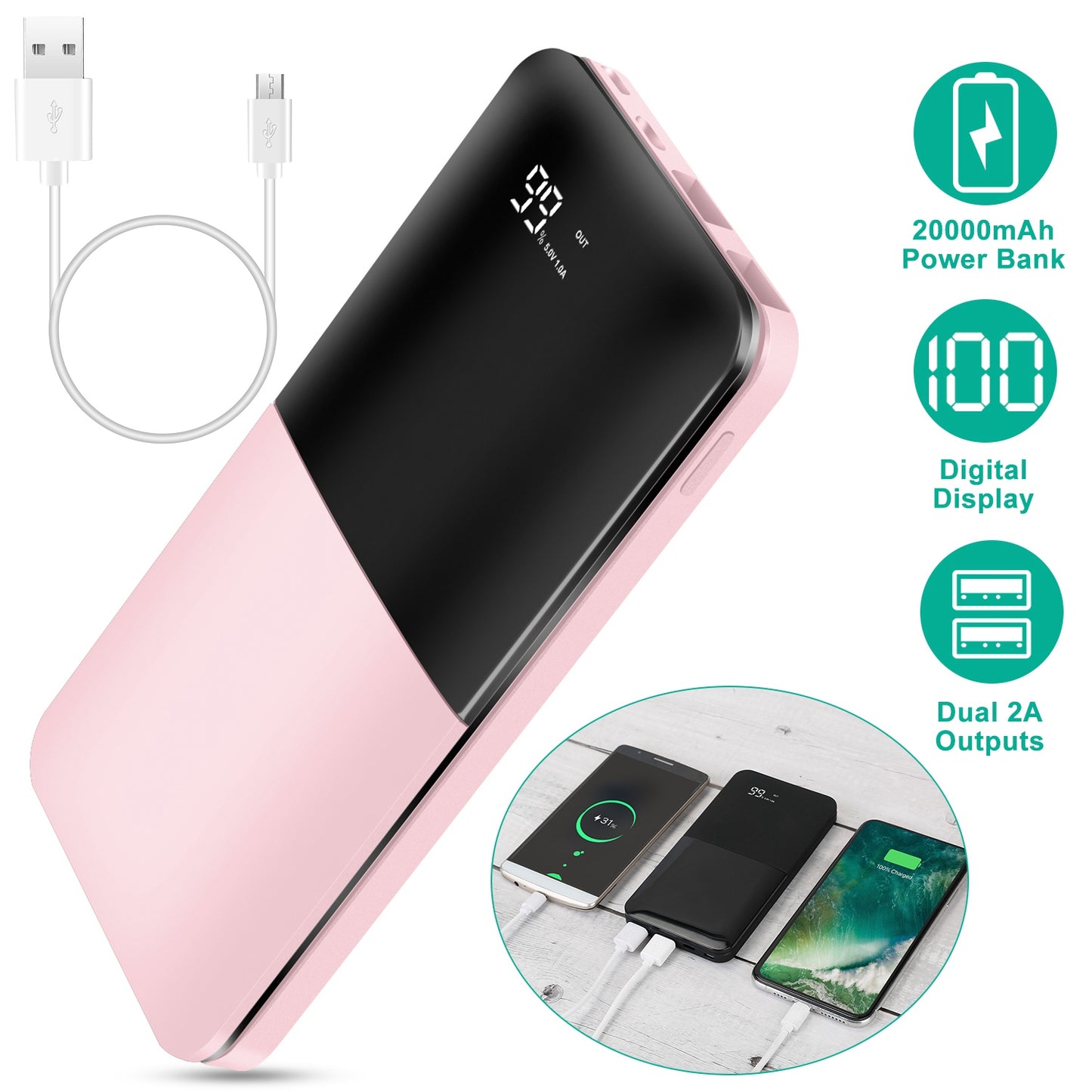 LJGelectro - 20000mAh Portable Charger Power Bank External Battery Pack w/ Digital Display Dual USB Charge Ports