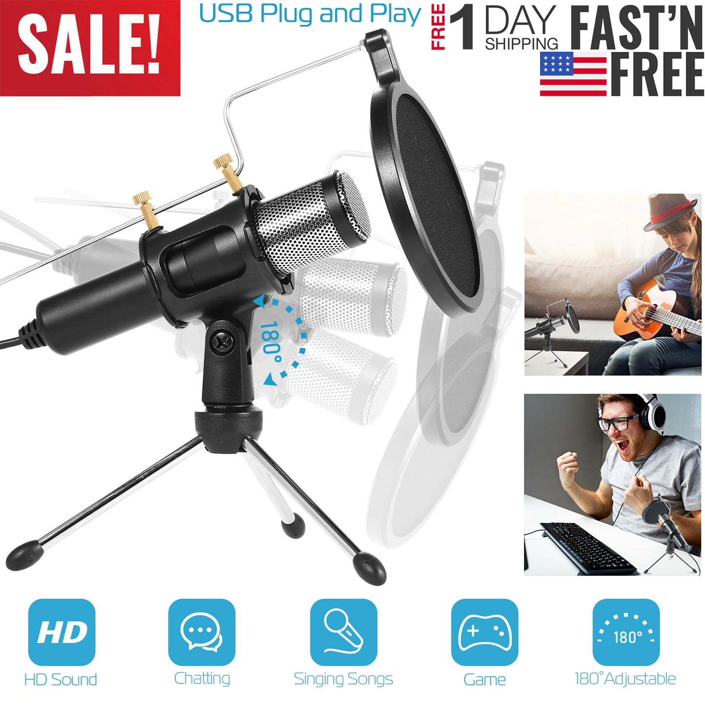 LJGelectro - Professional Condenser Microphone Studio Recording Cardioid Microphone w/180° Tripods Pop Filter USB Plug for Podcasting Gaming Chatting