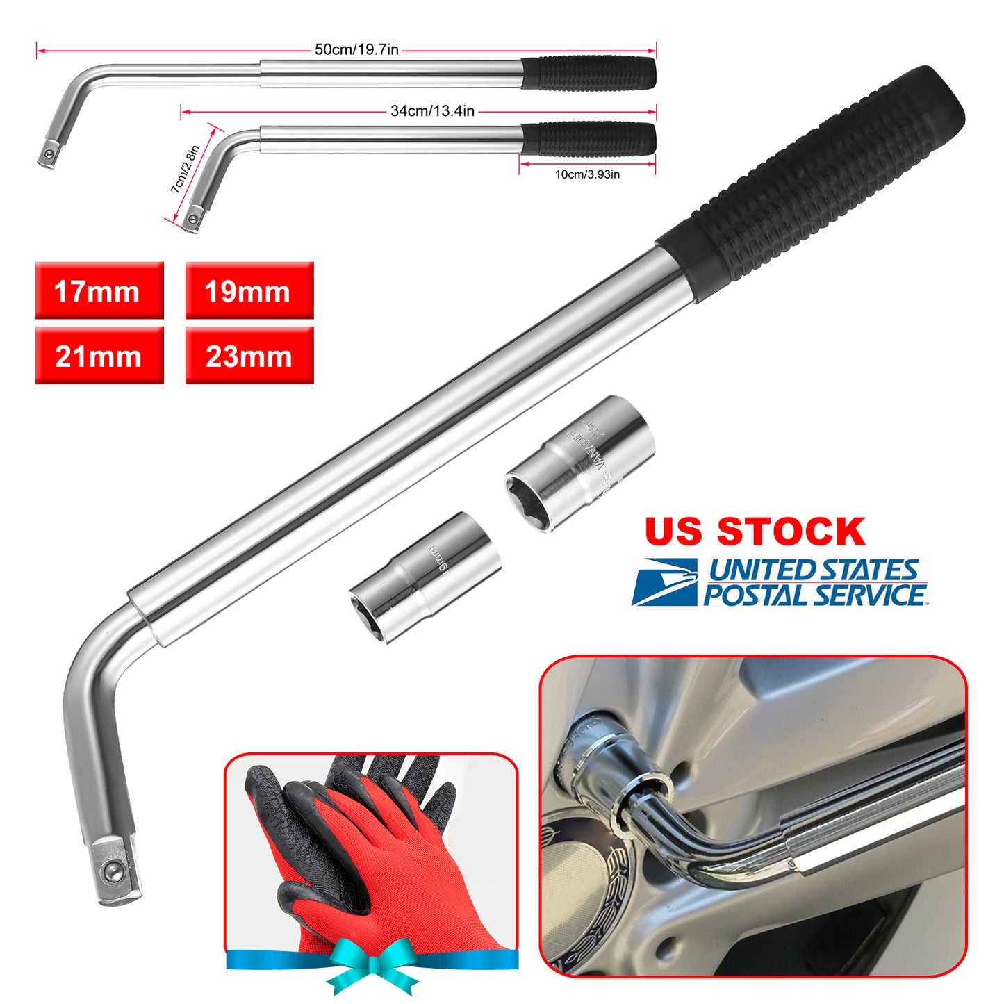 LJGelectro - Telescoping Lug Wrench Extendable Tire Wheel Nut Wrench with CR-V Sockets 17mm/19mm/21mm/23mm Free Work Gloves