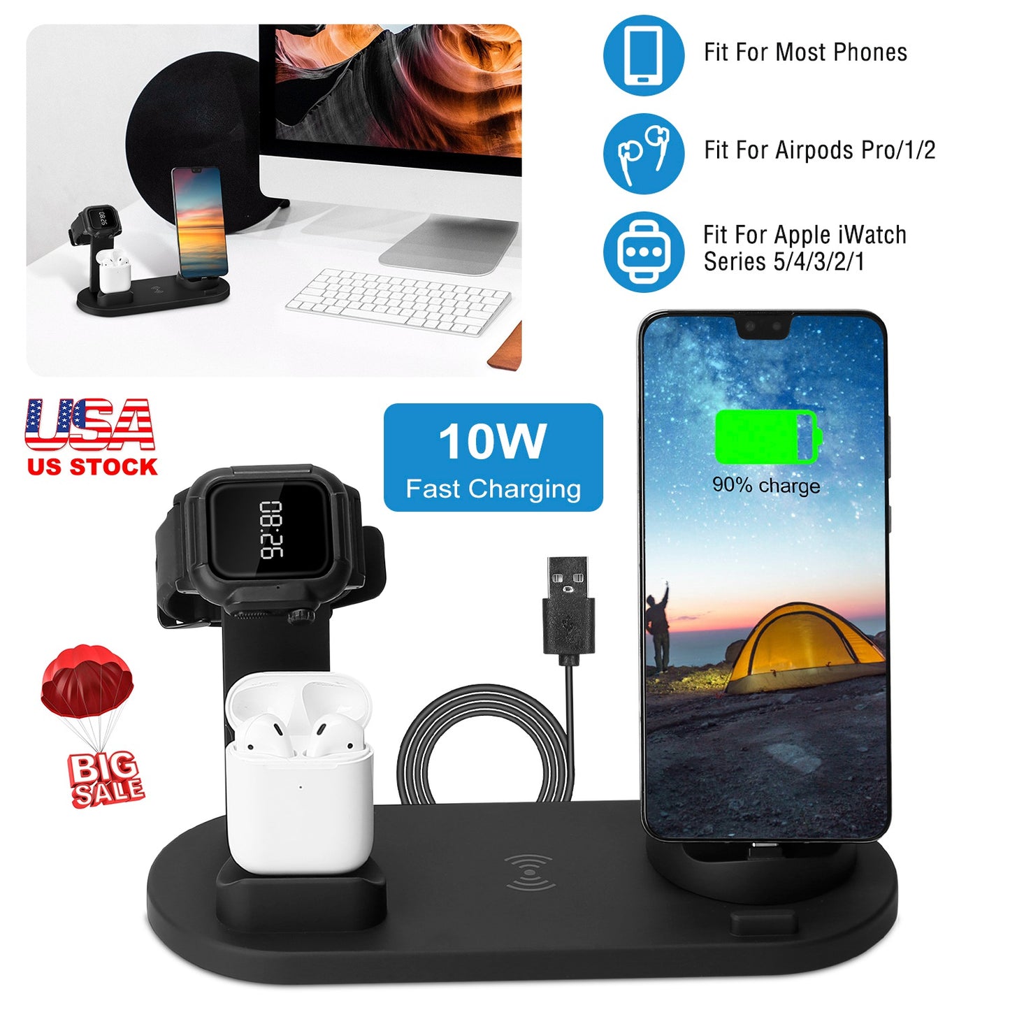 LJGelectro - Wireless Charger Dock 4 in 1 10W Fast Charging Station For iPhone Apple iWatch Series 5/4/3/2/1 AirPods Fit for iPhone 11/11Pro/XS/XR/MAX/X/8 Plus/8 S