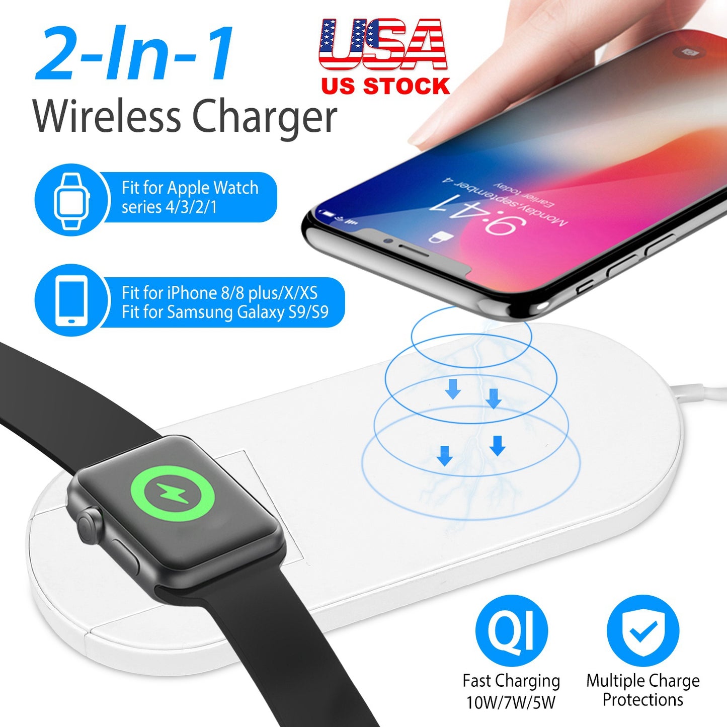 LJGelectro - 10W Qi Wireless Charger Watch Charger 2-in-1 Wirless Charging Pad for Apple Watch 4/3/2/1/ iPhone X/XS/8