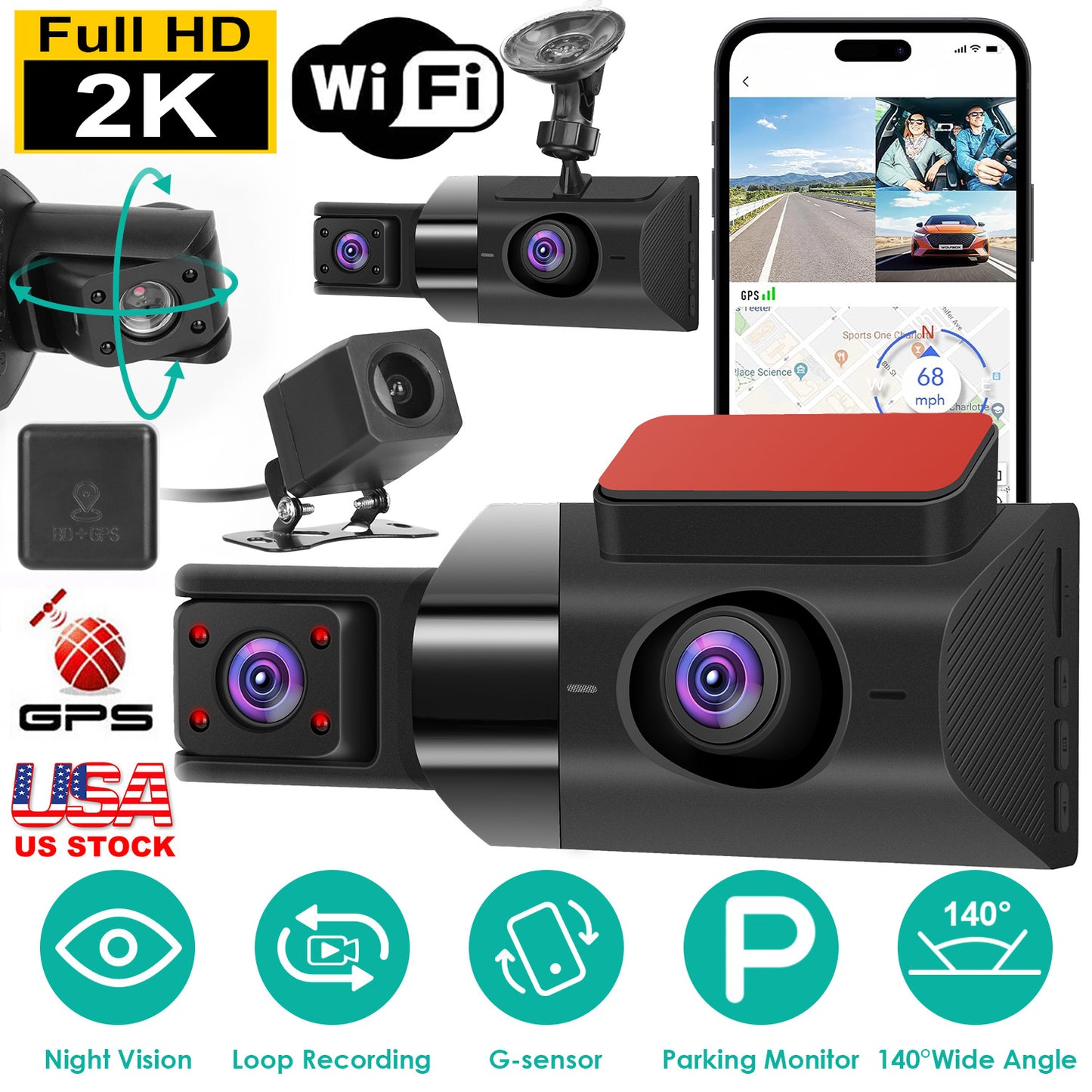 LJGelectro - 2K Car DVR 3 Channel Dash Cam Camcorder Camera Recorder with 140° Angle GPS WiFi Night Vision G-sensor Loop Recording Parking Monitor