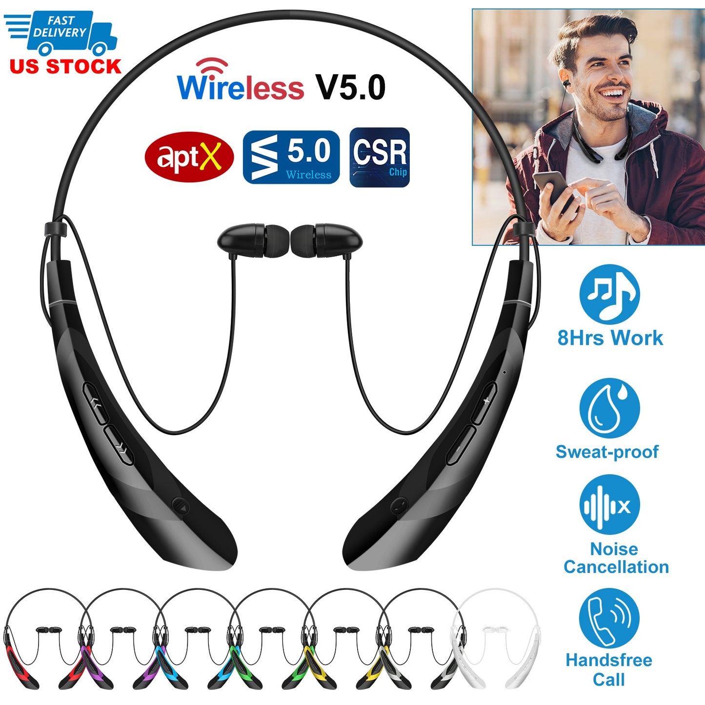 LJGelectro - Wireless Neckband Headphones V5.0 Sweat-proof Sport Headsets Earbuds In-Ear Magnetic Neckbands Stereo Earphone Deep Bass Earphone w/Mic