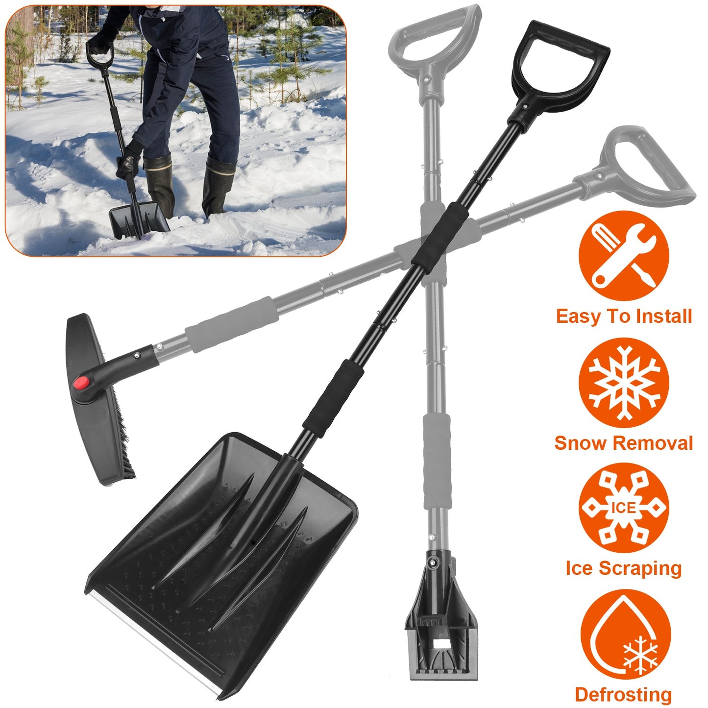 LJGelectro - 3 In 1 Snow Shovel Kit Brush Ice Scraper Collapsible Design Snow Removal for Car Truck Camping Outdoor Activities