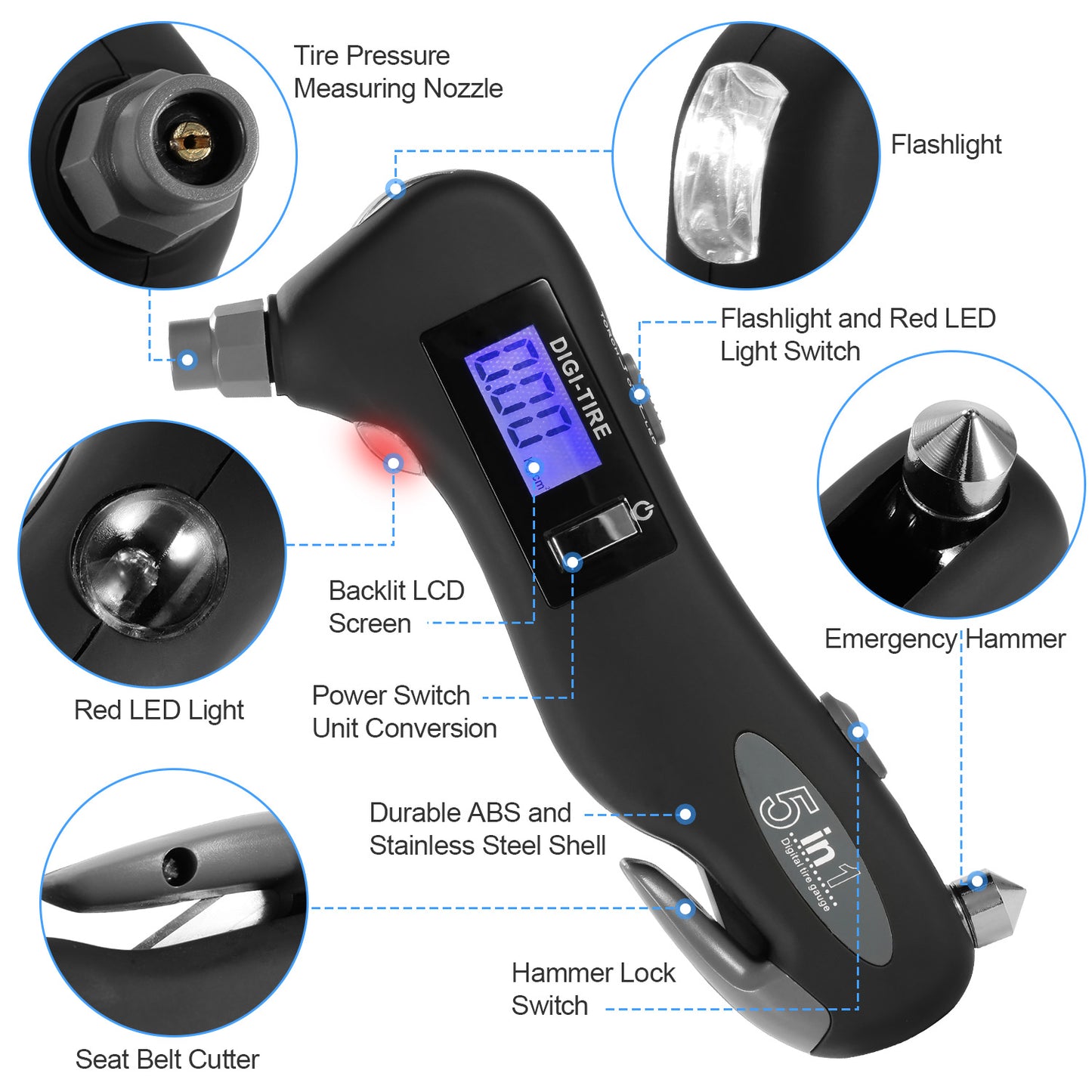 LJGelectro - Auto Digital Tire Pressure Gauge 150 PSI 4 Settings LED Flashlight Window Breaker Seat Belt Cutter Emergency Tools 5 in 1 for Car Truck