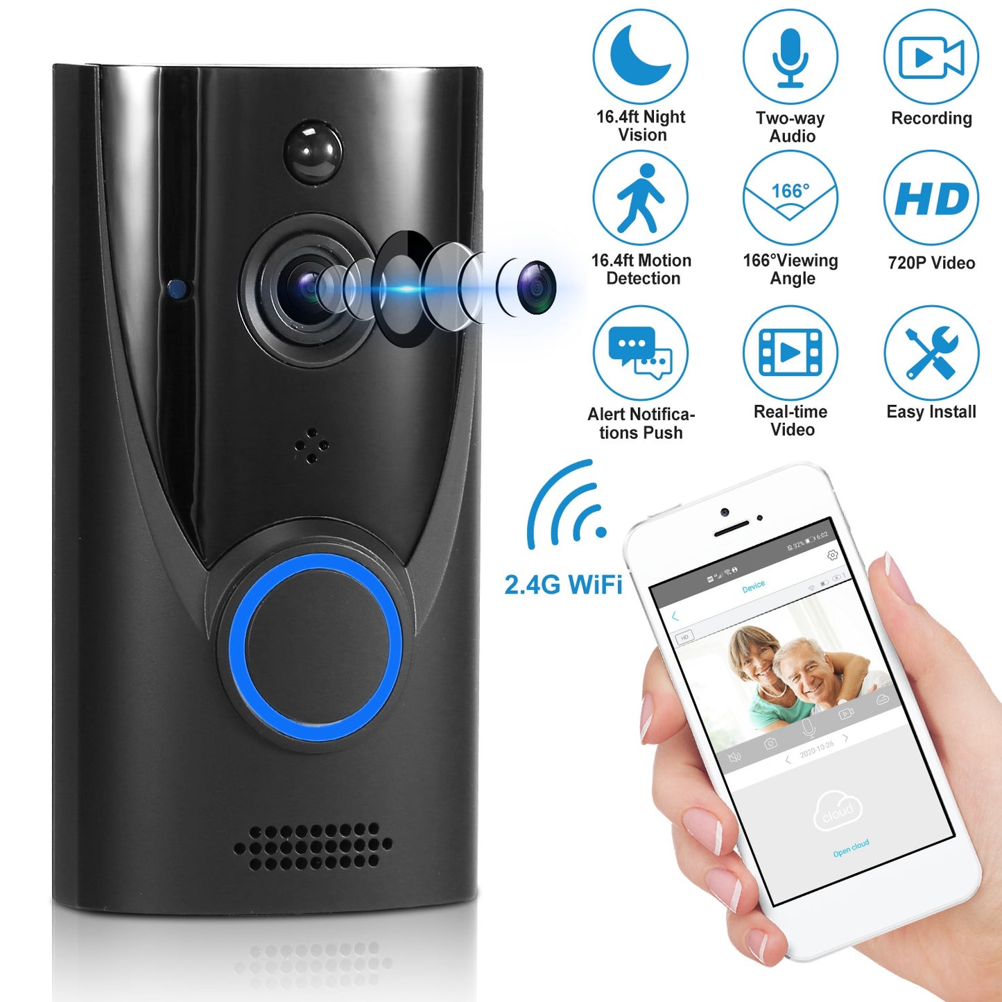 LJGelectro - WiFi Video Doorbell Wireless Door Bell 720P HD WiFi Security Camera w/ Two-way Talk PIR Motion Detection IR Night Vision Home Security Camcorder Offic