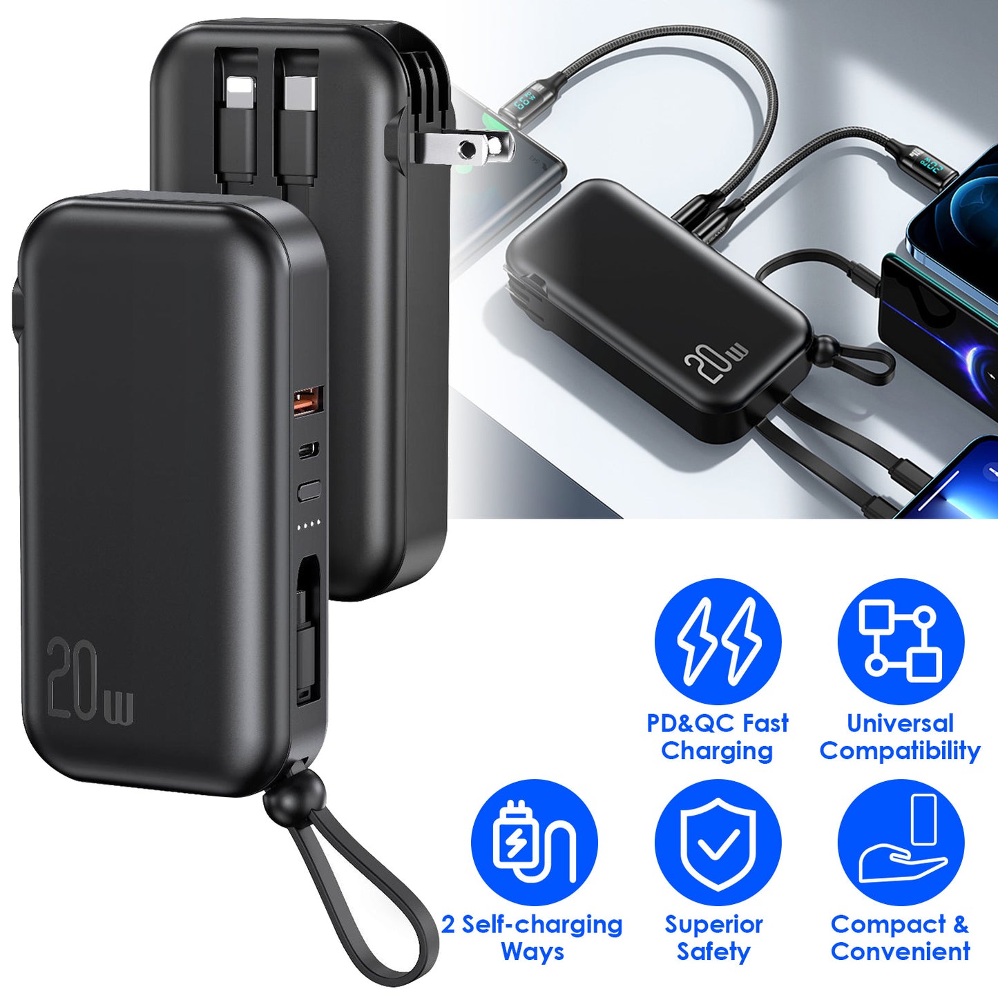 LJGelectro - 10000mAh Portable Charger with US Plug 3 Inbuilt Cables PD20W QC18W Fast Charging Power Bank with 5 Outputs External Battery Pack Fit For IOSPhone 14