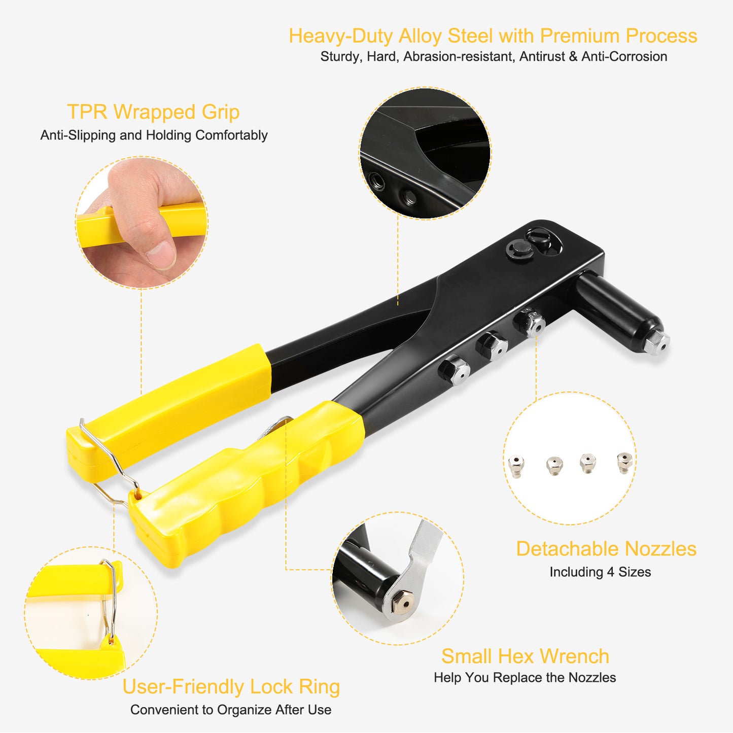 LJGelectro - Hand Riveter Pop Rivet Gun 9.5inches Heavy Duty 4 Different Nozzles 1 Wrench Included Riveting Tool