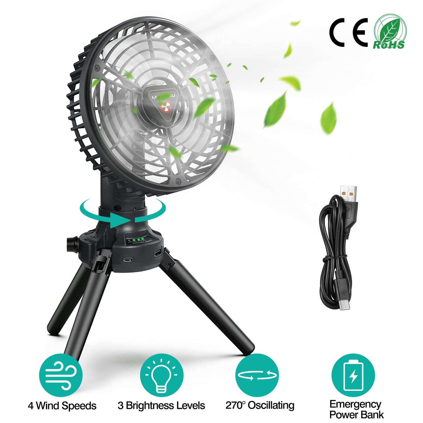 LJGelectro - Foldable Camping Fan with Emergency Power Bank 270° Oscillating Rechargeable Tripod Fan for Hiking Fishing Personal Desk Fan with 4 Speeds 3 Brightnes