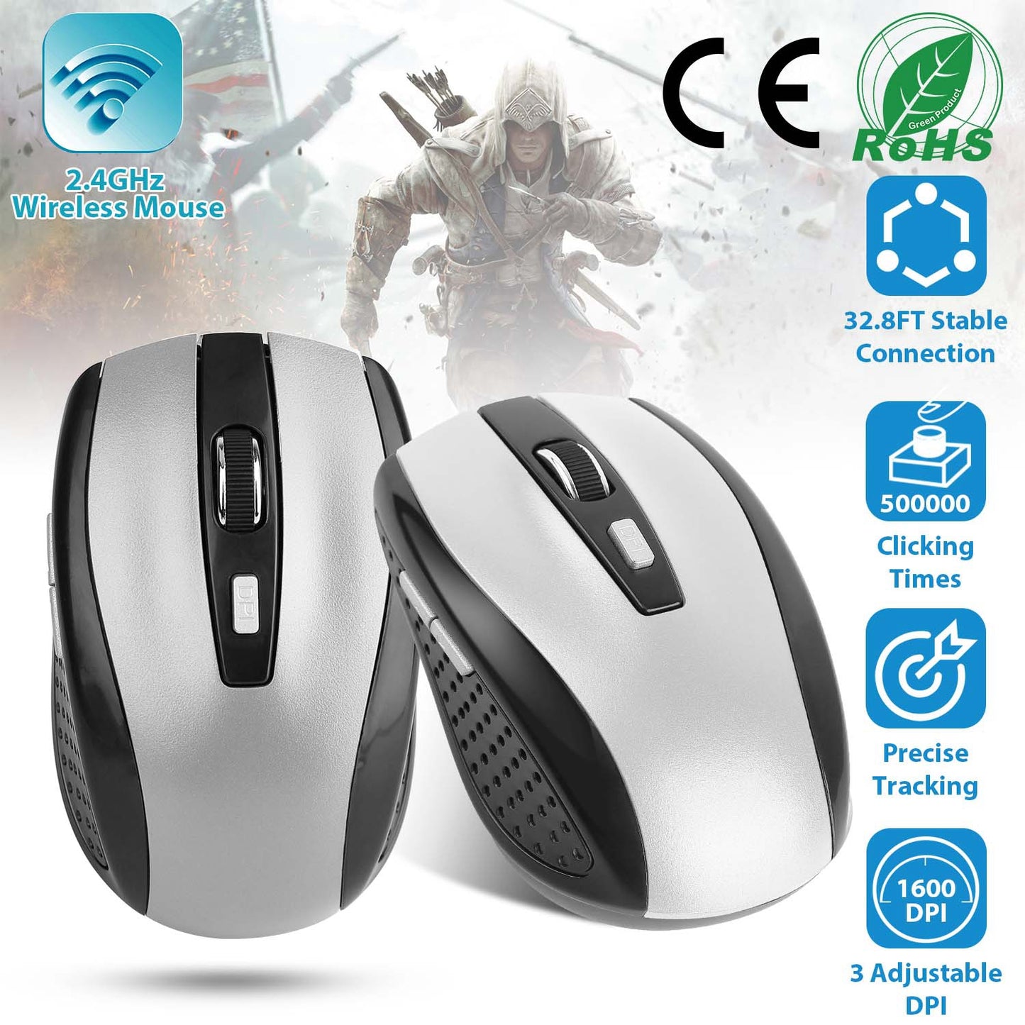 LJGelectro - 2.4G Wireless Gaming Mouse Optical Mice w/ Receiver 3 Adjustable DPI 6 Buttons For PC Laptop Computer Macbook