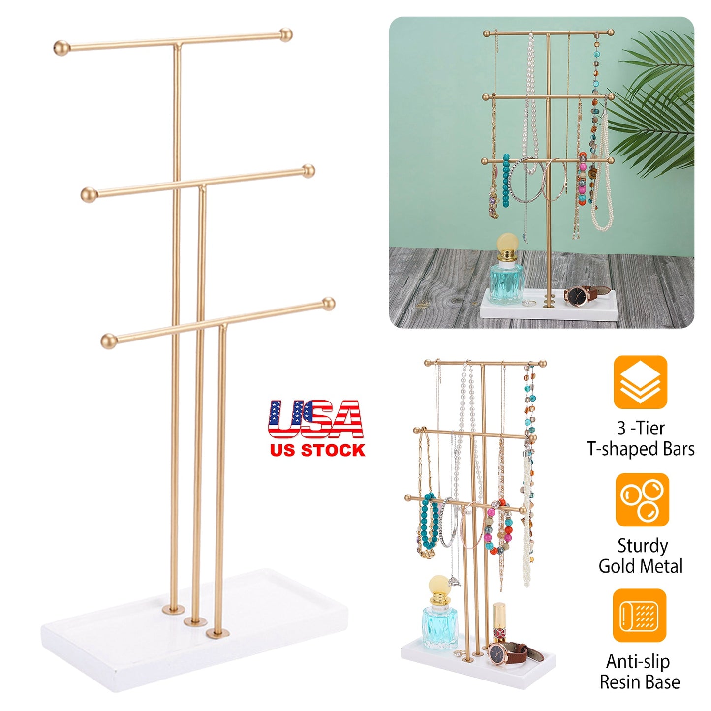 LJGelectro - 3 Tier Gold Metal Tabletop Jewelry Display Tree Stand Organizer Holder Rack Hanger Tower for Bracelet Necklace Accessories with Ring Tray