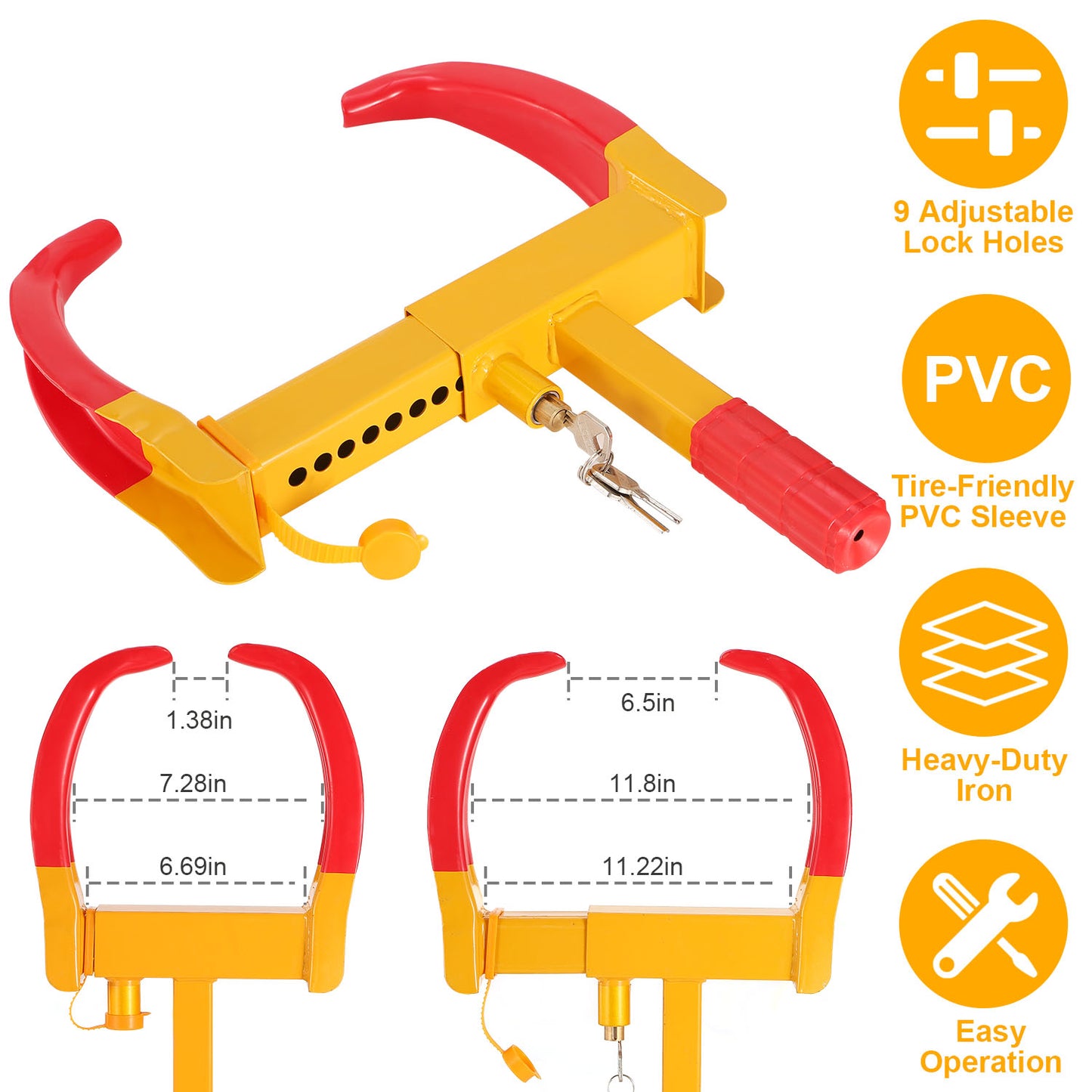 LJGelectro - Heavy Duty Wheel Clamp Anti-Theft Adjustable Tire Lock w/3 Keys for Cars Trailer Truck Motorcycles ATV RV Golf Carts