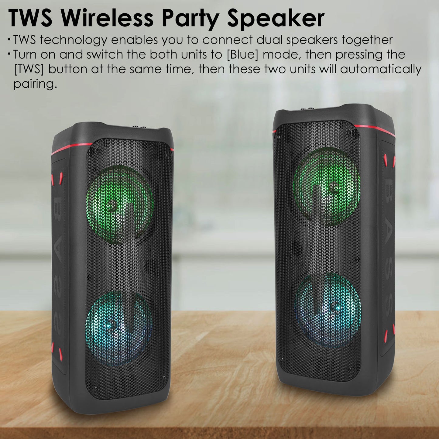 LJGelectro - Portable Wireless Party Speaker RGB Colorful Lights DJ PA System with TWS Function FM Radio USB MMC Card Reading Aux In Recording Function Mic Priorit