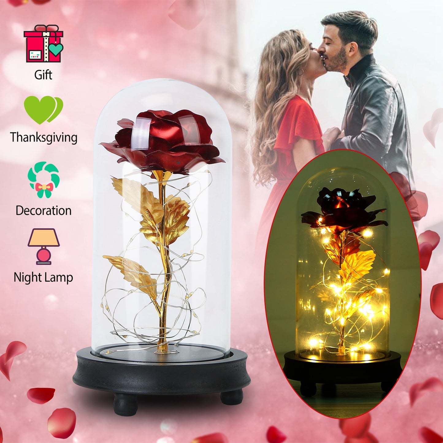 LJGelectro - Foil Rose LED String Light Rose Fairy Lamp w/ Glass Dome For Valentines’ Day Mother’s Day Wedding Birthday