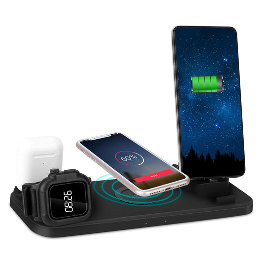 LJGelectro - 6 In 1 Qi Wireless Charger 10W Fast Charging Station Fit For iWatch 5/4/3/2/1 Airpods Pro/1/2 IOS phone Xs/MAX/XR/X/8/8Plus/11/Pro/11Pro max Galaxy No