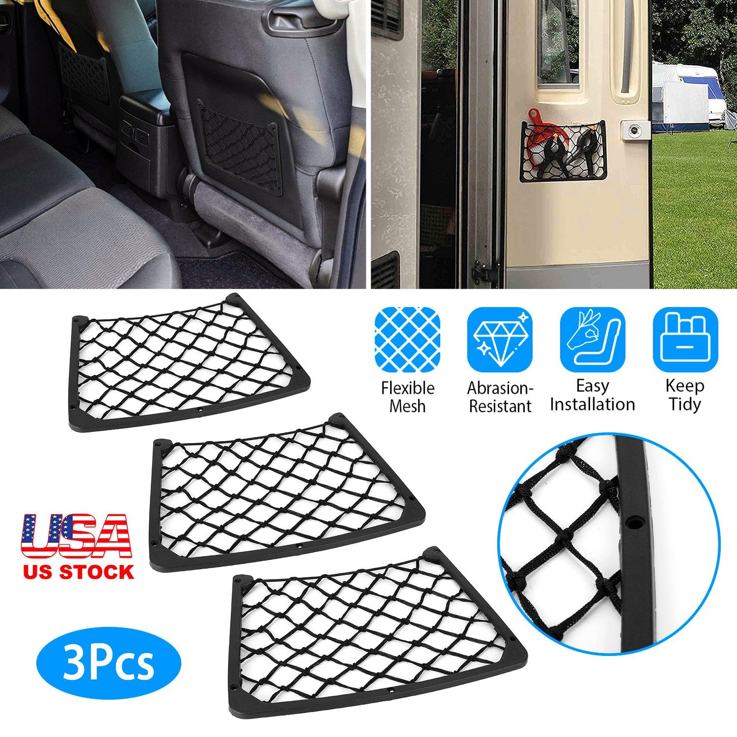 LJGelectro - 3Pcs Mesh Pockets Seat Side Back Wallet Phone Storage Net Bag Framed Stretch Car Bus Organizer Holder For Auto RV SUV Boat