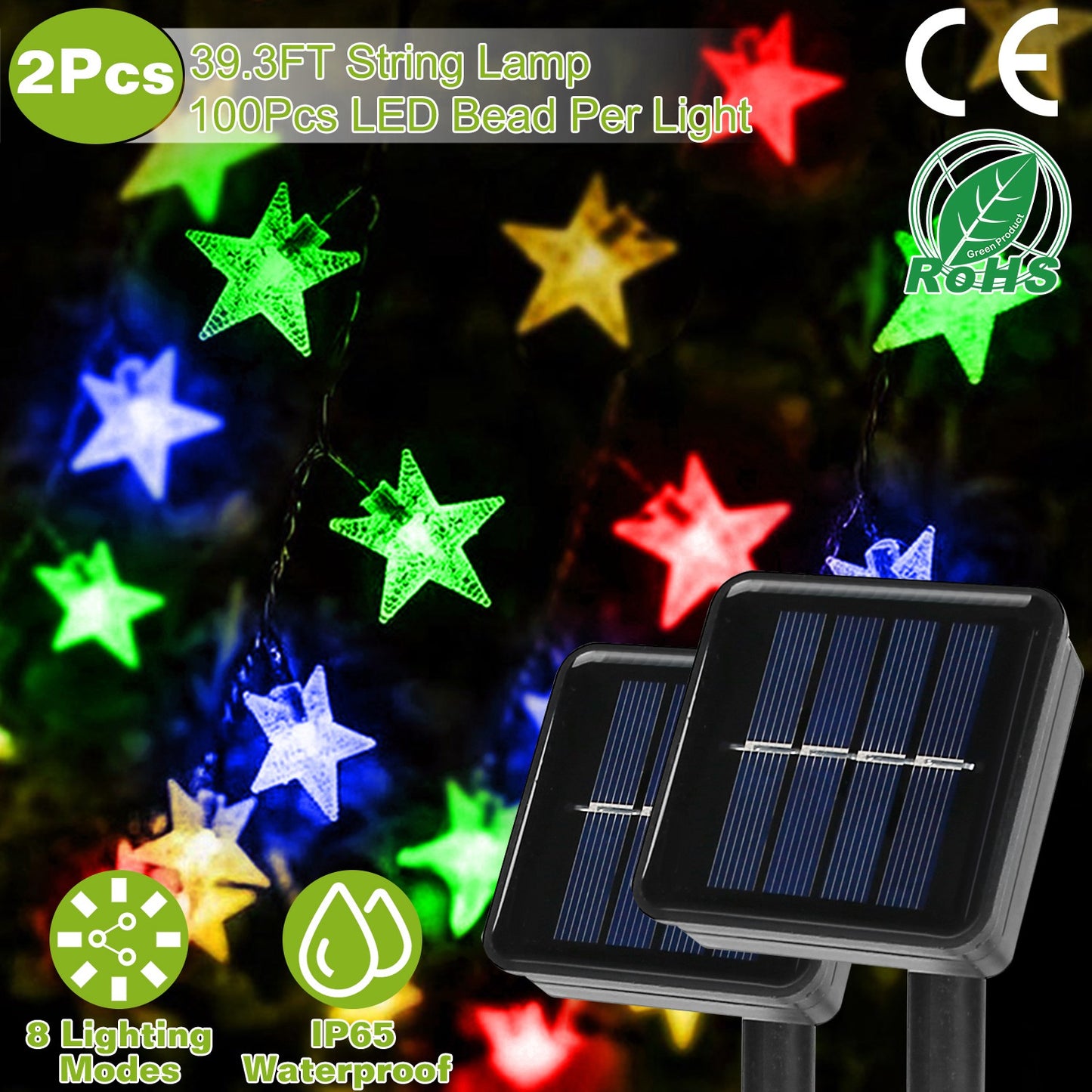 LJGelectro - 2Pcs Solar Powered String Lights 39.3FT 100LED Beads Fairy Star Lights IP65 Waterproof Decorative Garden Party Christmas Tree Stake Lamps w/ 8 Lightin