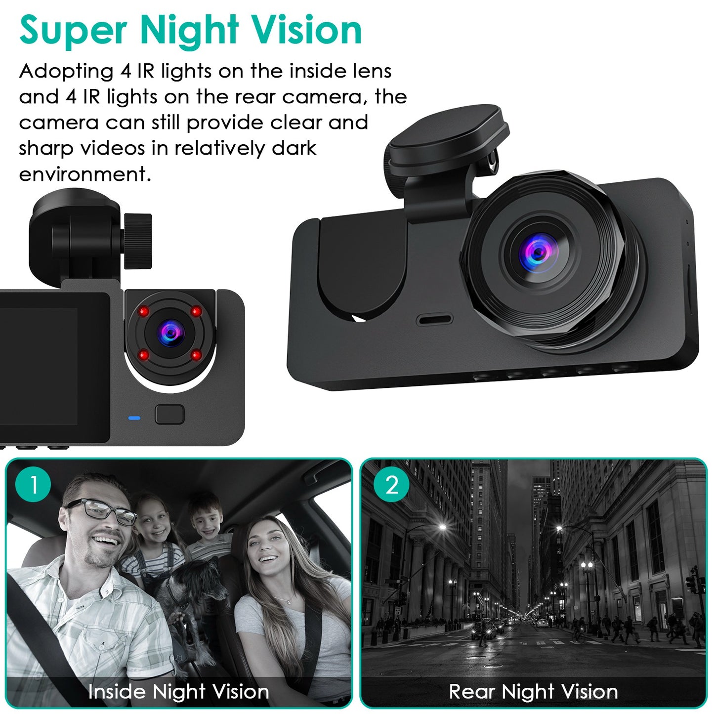 LJGelectro - 3 Channel Dash Cam Front Inside Rear Vehicle Driving Recorder Car DVR with 32G MMC Card G Sensor Motion Detection Parking Monitor Night Vision Loop Re