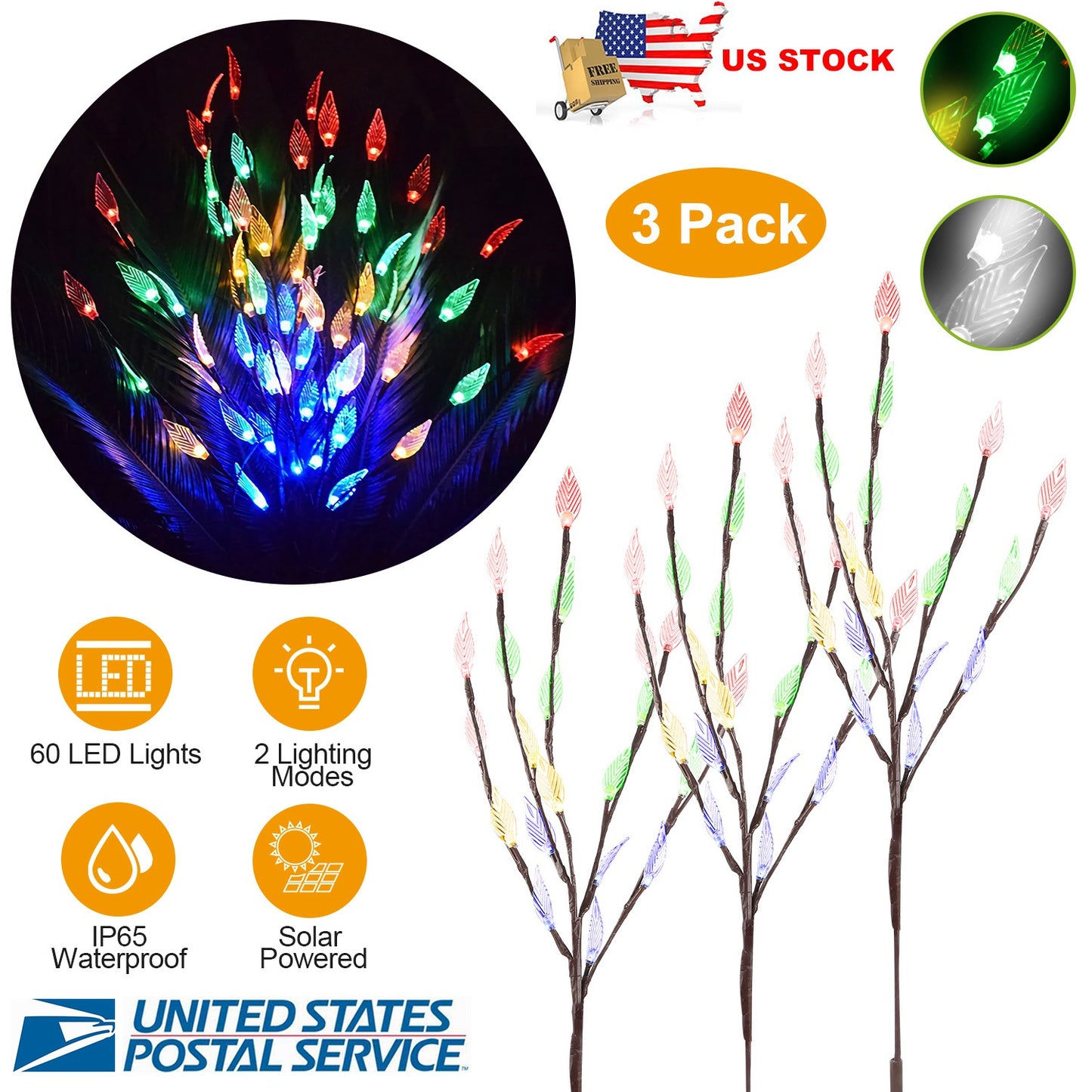 LJGelectro - 3 PCS 60 LED Solar Garden Lights Tree Branch Leaf Shape Lamp IP65 Waterproof Solar Garden Decorative Lights for Outdoor Garden Lawn Patio Decking