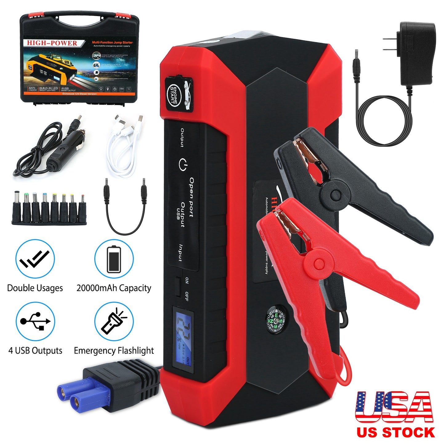 LJGelectro - Car Jump Starter Booster 1000A Peak 20000mAh 12V Battery Charger (Up to 6.0L Gas or 3.0L Diesel Engine) w/ LCD Screen 3 Modes LED Flashlight