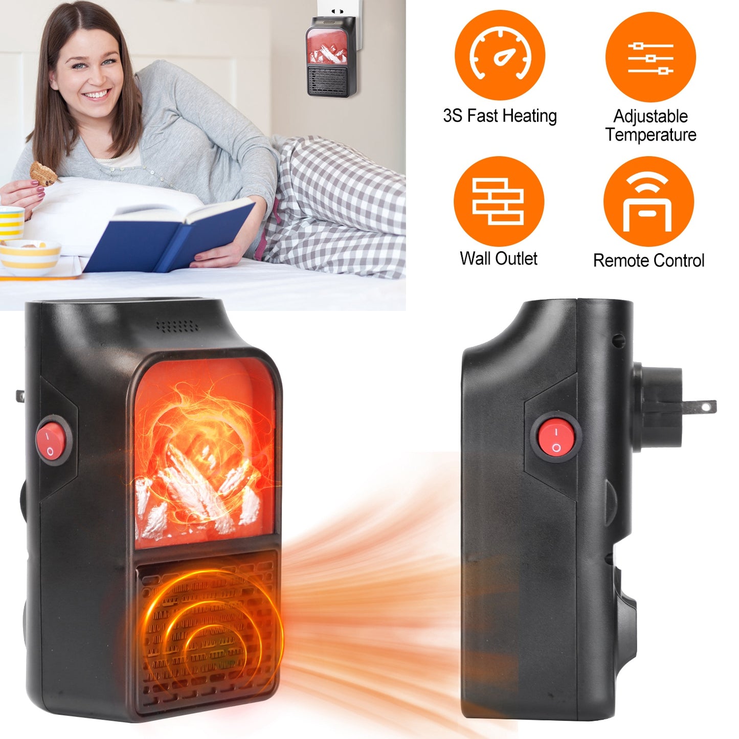 LJGelectro - 800W Plug-In Space Heater Wall Outlet Heater with 360° Rotatable Plug Adjustable Temperature 2 Wind Speeds Remote Control