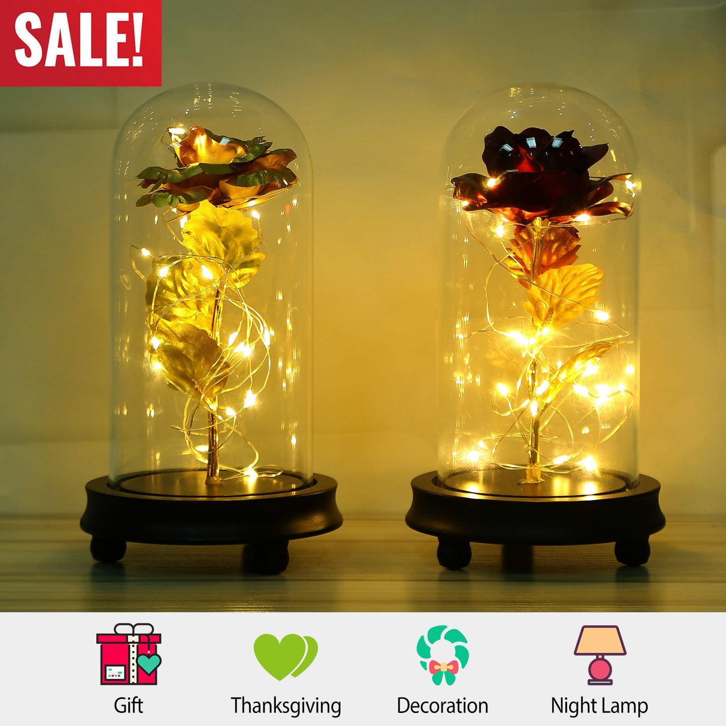 LJGelectro - Foil Rose LED String Light Rose Fairy Lamp w/ Glass Dome For Valentines’ Day Mother’s Day Wedding Birthday