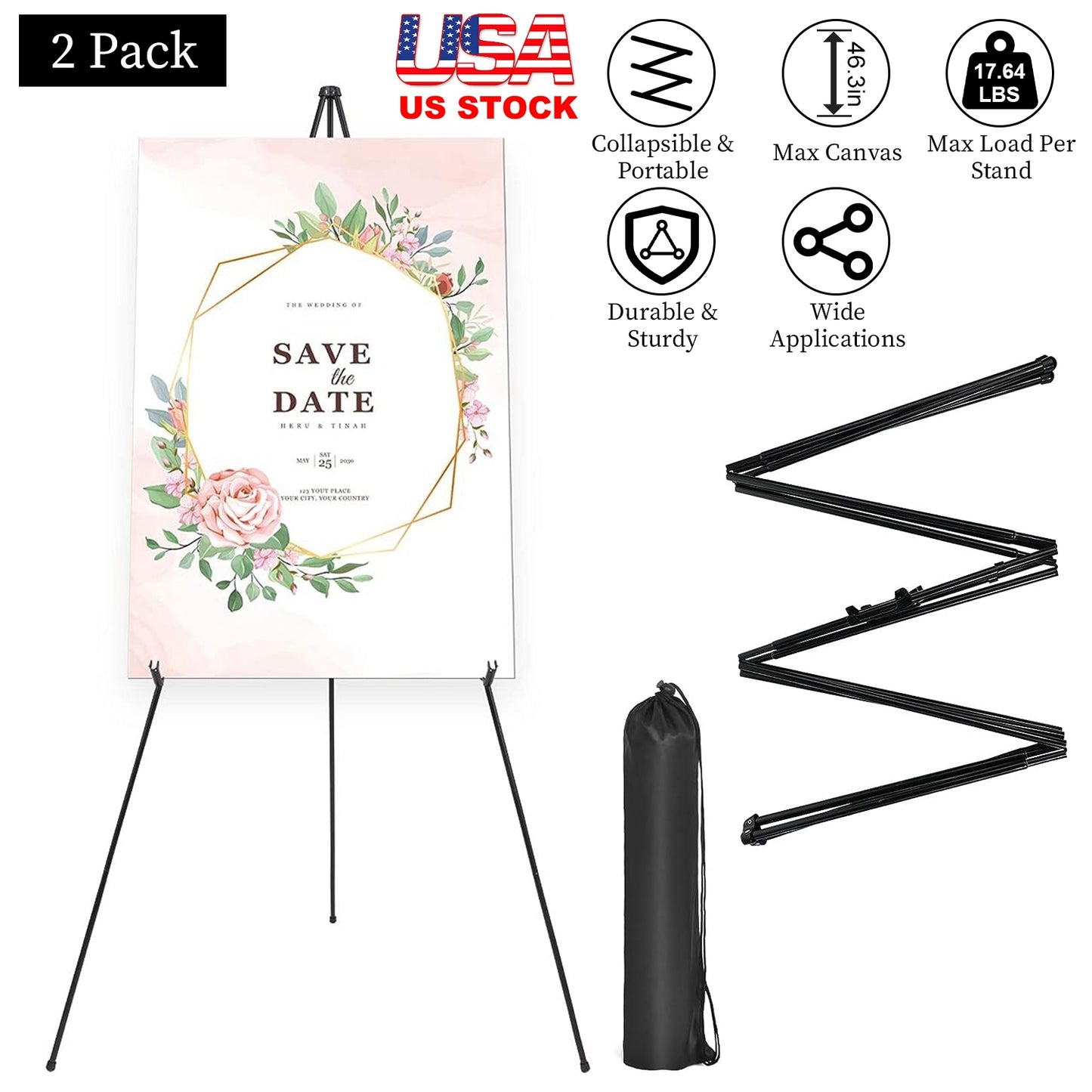 LJGelectro - 2 Pack Easel Stand for Display 61in Collapsible A Frame Tripod Easel Iron Alloy Drawing Stand with 2 Carry Bags for Wedding Poster Art Drawing Meeting