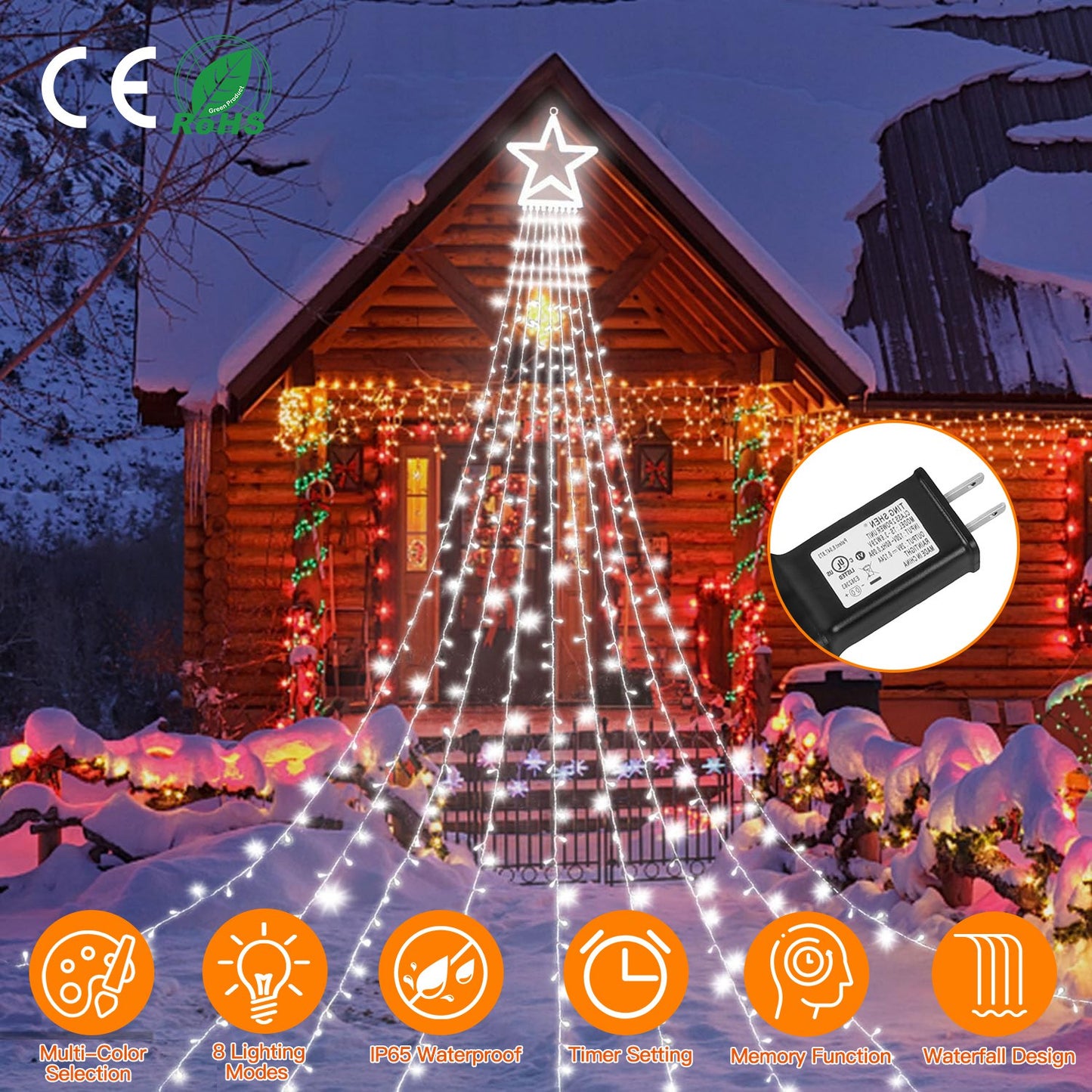 LJGelectro - Christmas Hanging Waterfall String Light with Topper Star IP65 Waterproof Outdoor Plug In Fairy Waterfall Tree Light with 8 Lighting Modes Timer Memor