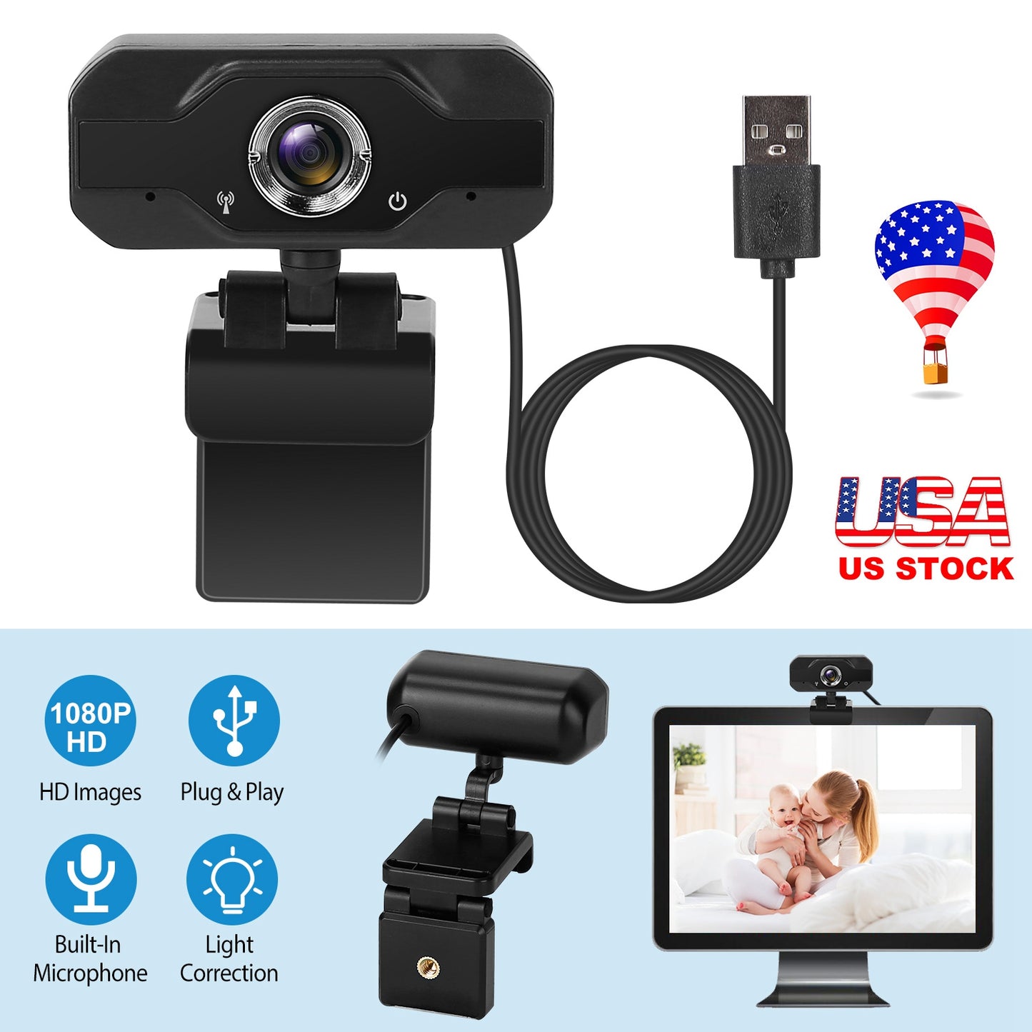 LJGelectro - FHD 1080P USB Webcam w/ 360° Rotatable Clip Streaming USB Camera Plug And Play For PC Video Conferencing Gaming Facetime Broadcast