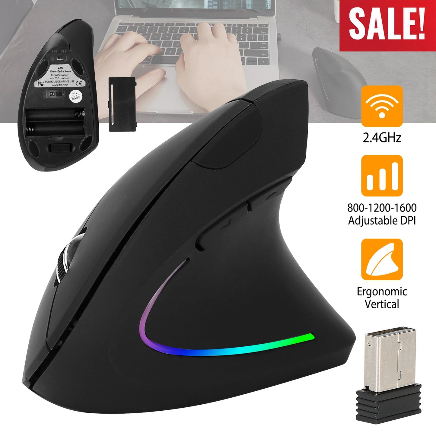 LJGelectro - 2.4G Wireless Vertical Mouse Ergonomic Optical Mice w/ 6 Buttons 3 Adjustable DPI 800/1200/1600 Levels for Laptop PC Computer